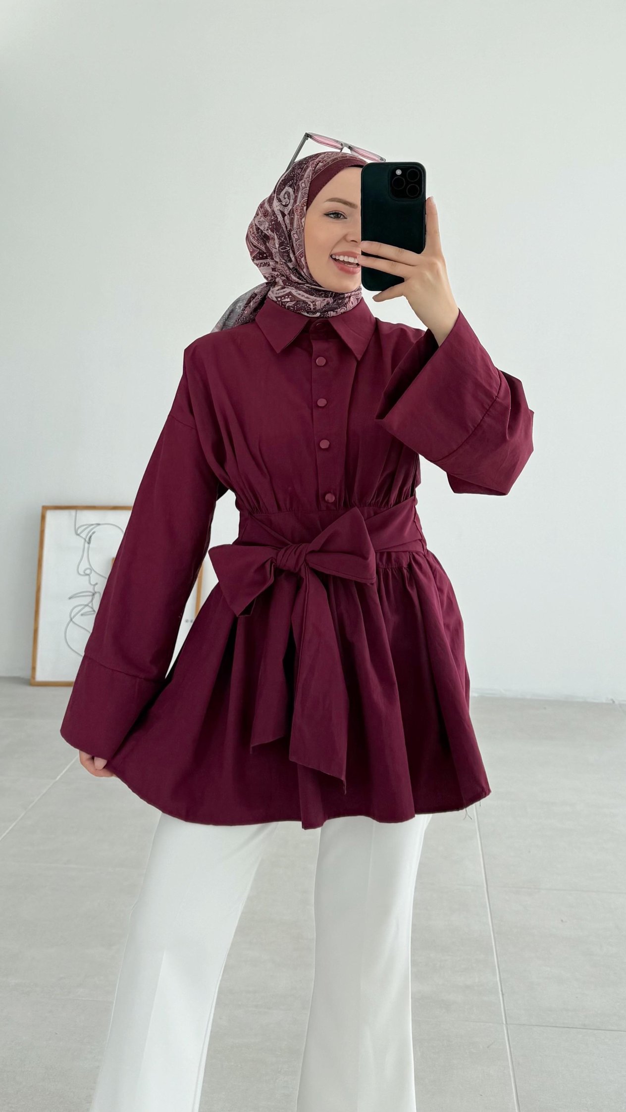 Tenel Kuşaklı Bordo Tunik