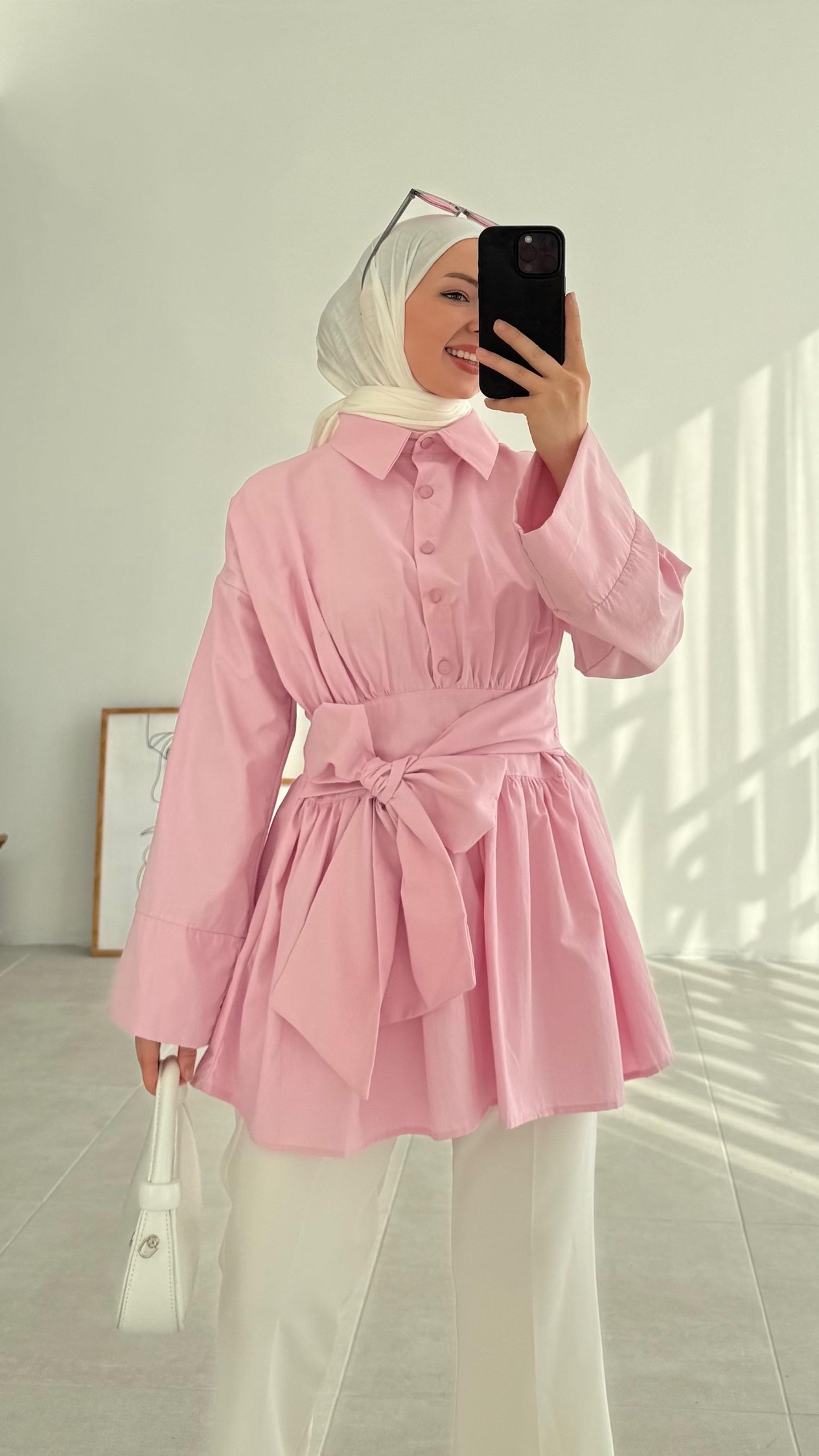 Tenel Kuşaklı Pembe Tunik