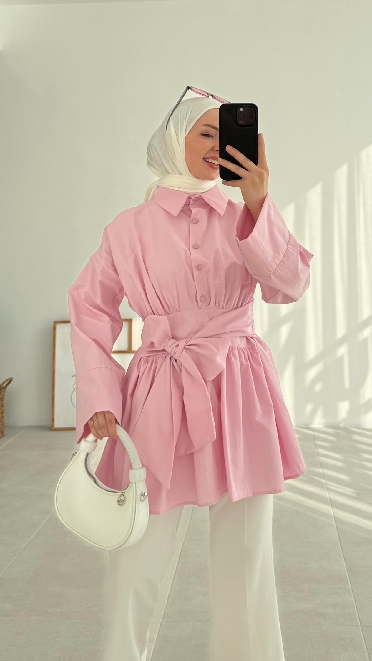 Tenel Kuşaklı Pembe Tunik