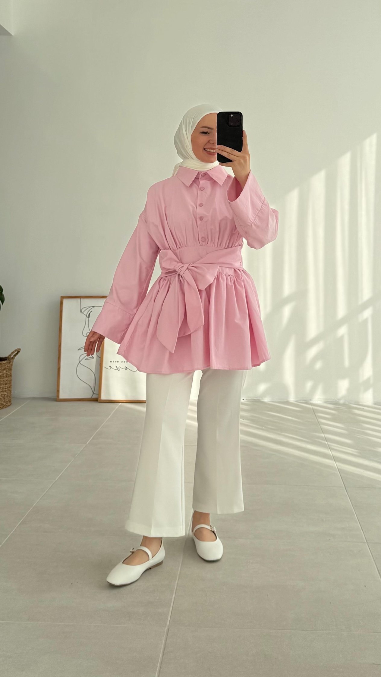 Tenel Kuşaklı Pembe Tunik