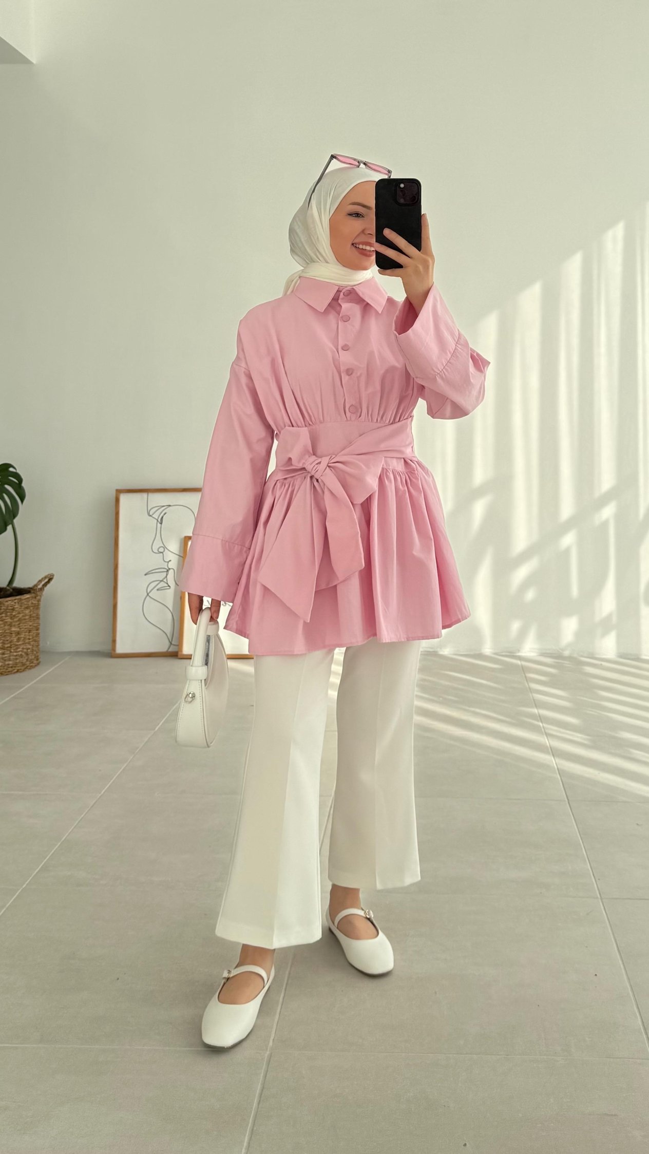 Tenel Kuşaklı Pembe Tunik
