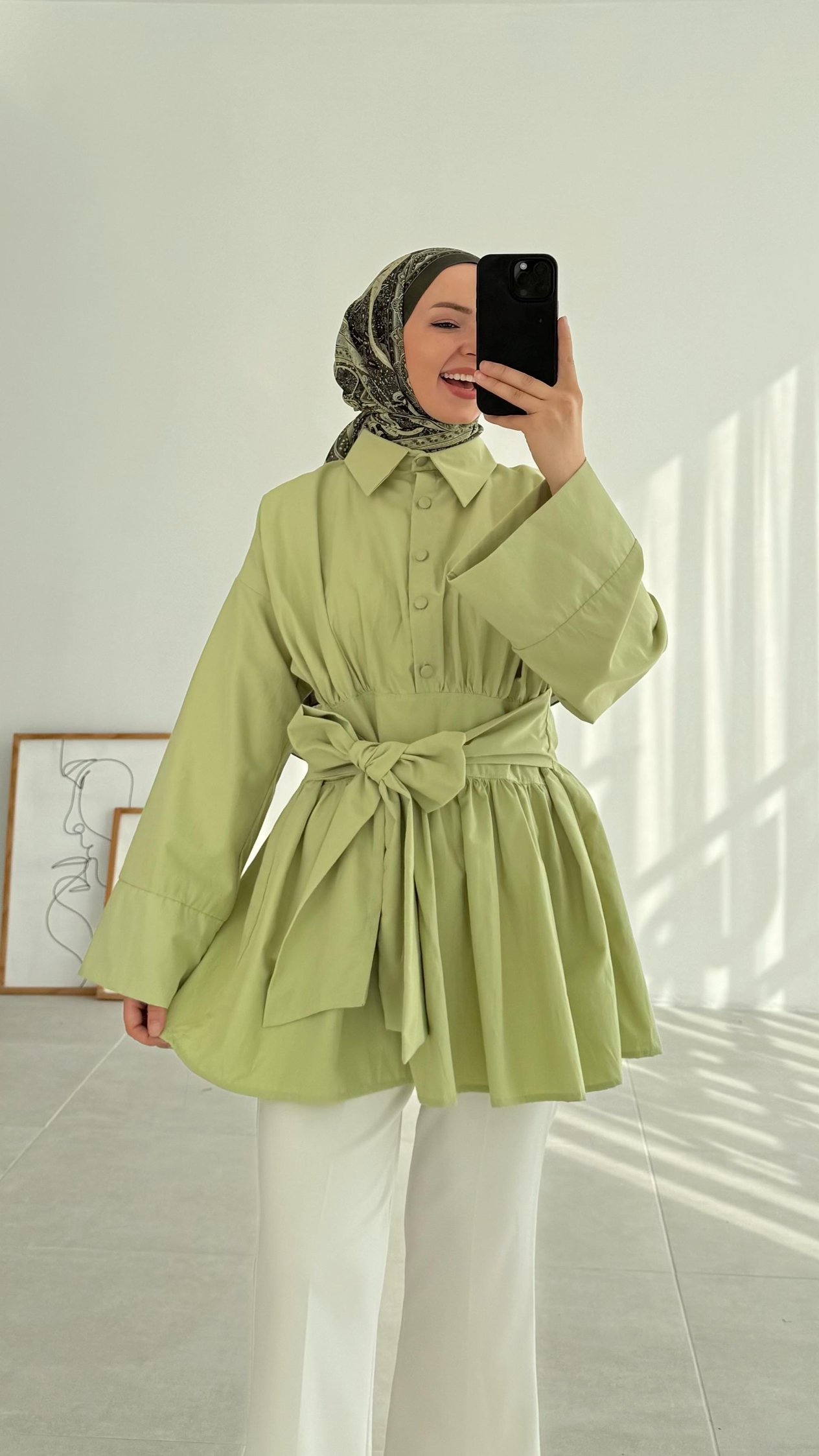 Tenel Kuşaklı Yeşil Tunik