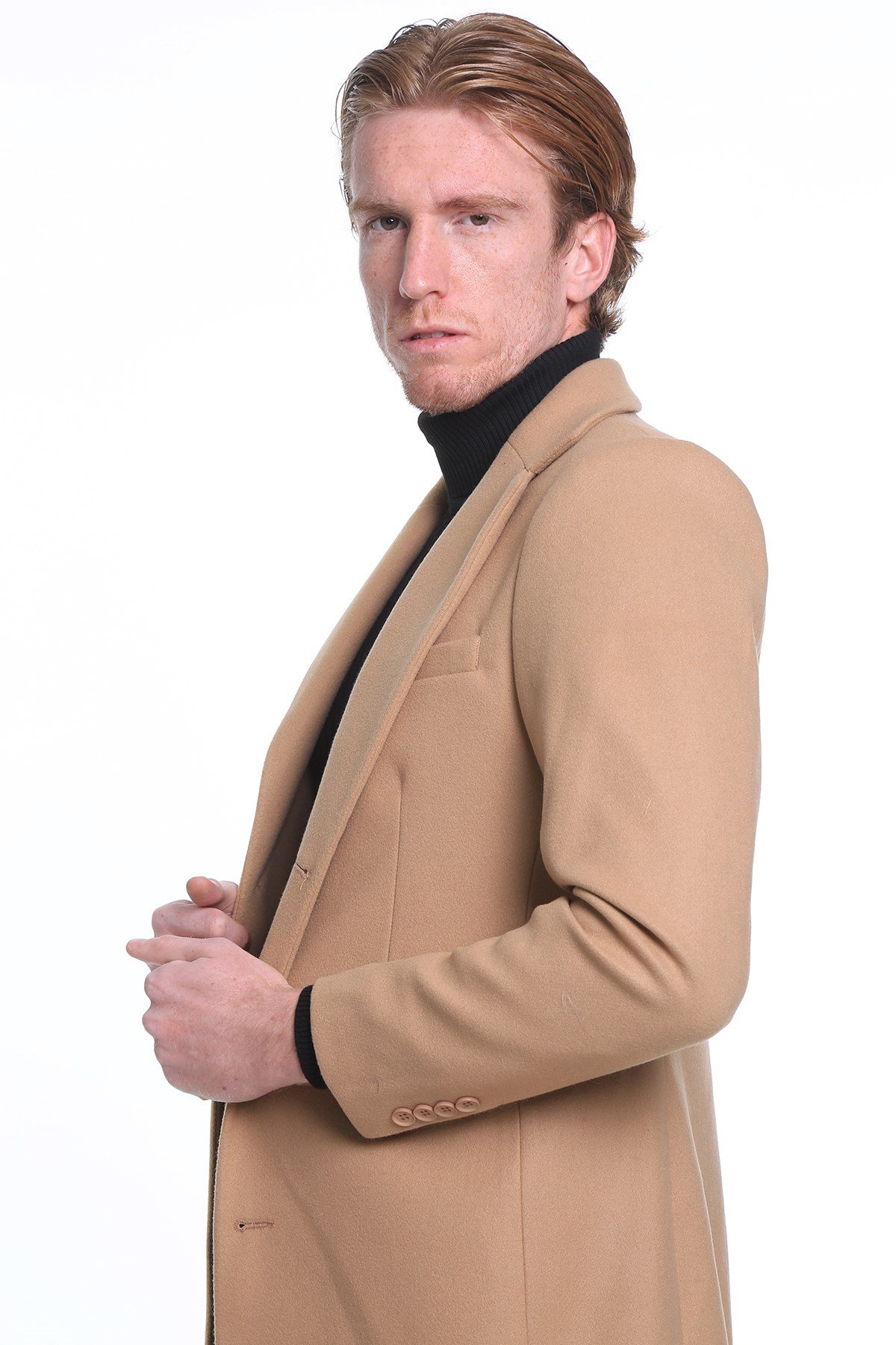 intersivinİntersivin Erkek Camel Düğmeli Slim Fit Kaşe Kaban
