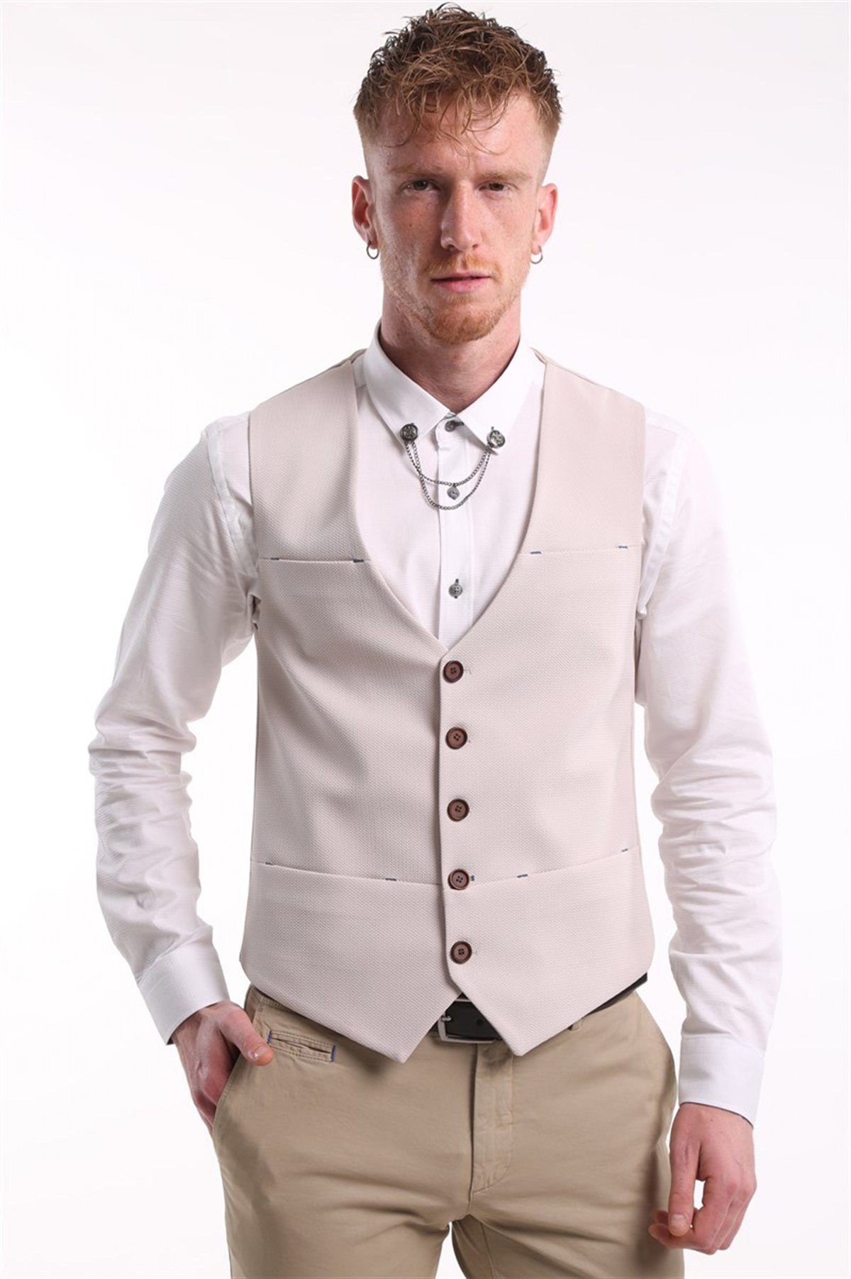 intersivinİntersivin  Erkek Krem Slim Fit Astarlı  Düğmeli Kemerli Likralı Tek Yelek