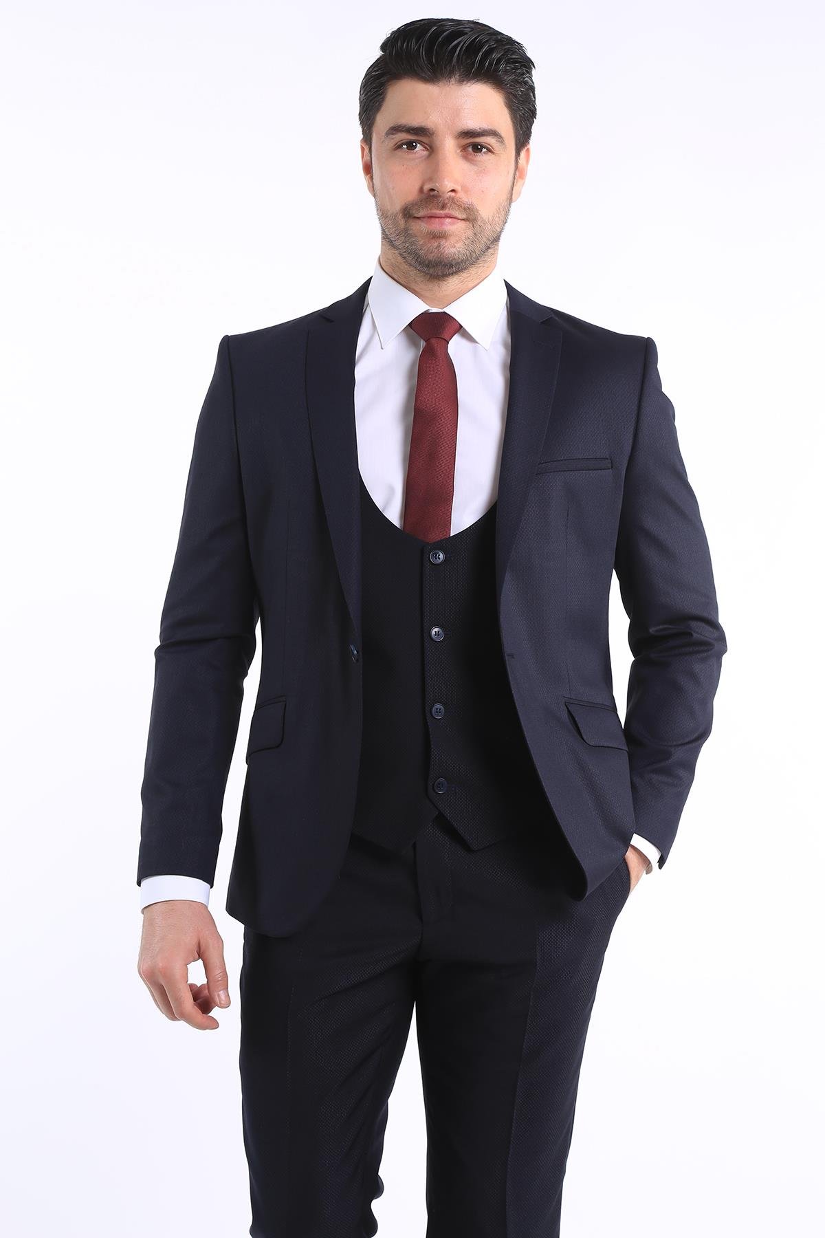 intersivinİntersivin Slim Fit 6 Drop Lacivert Yelekli Erkek Takım Elbise