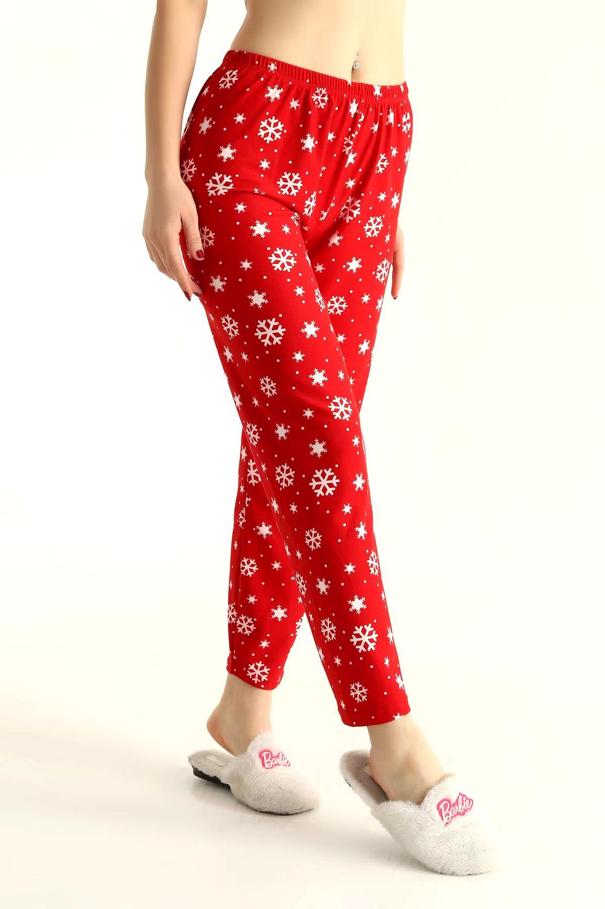 Kar Tanesi Desenli Pijama Altı Süet  Kırmızı