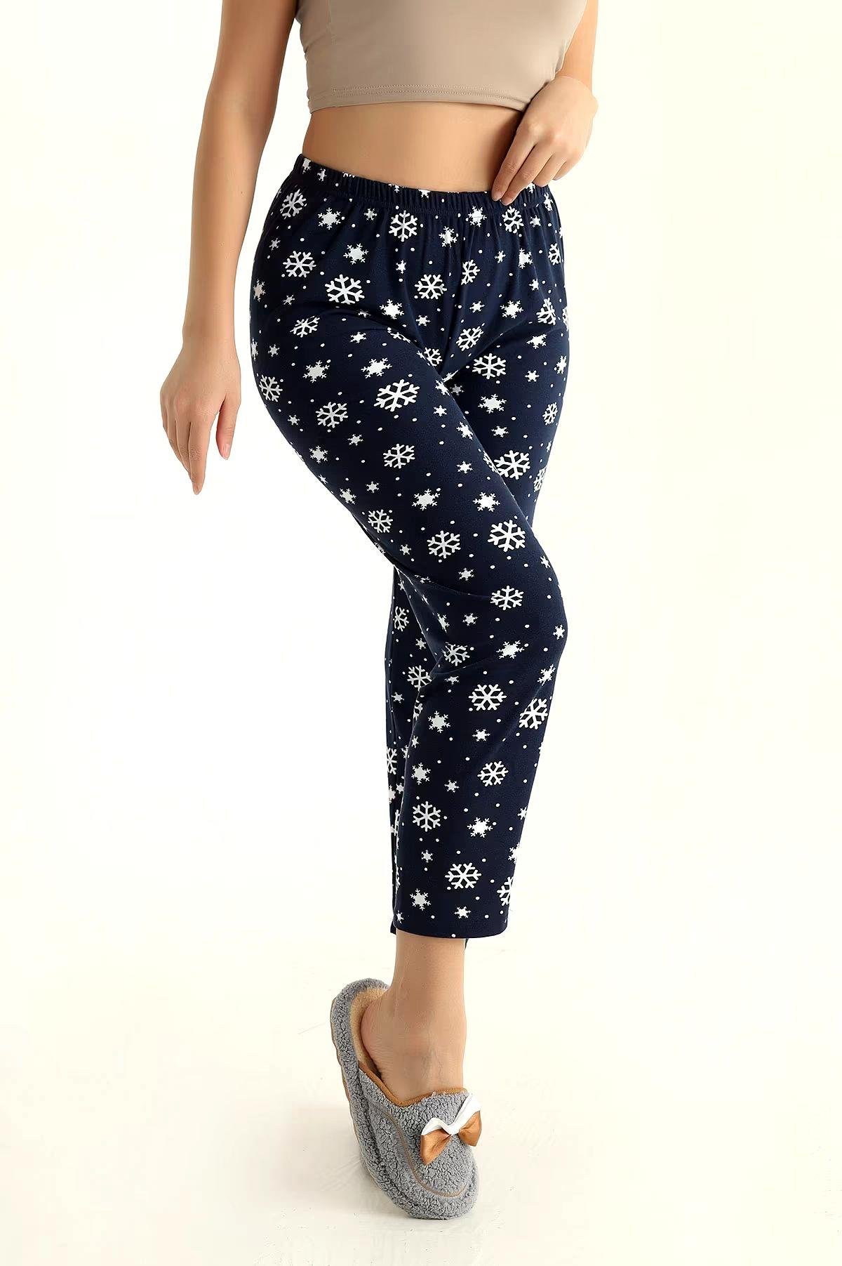 Kar Tanesi Desenli Pijama Altı Süet  Lacivert