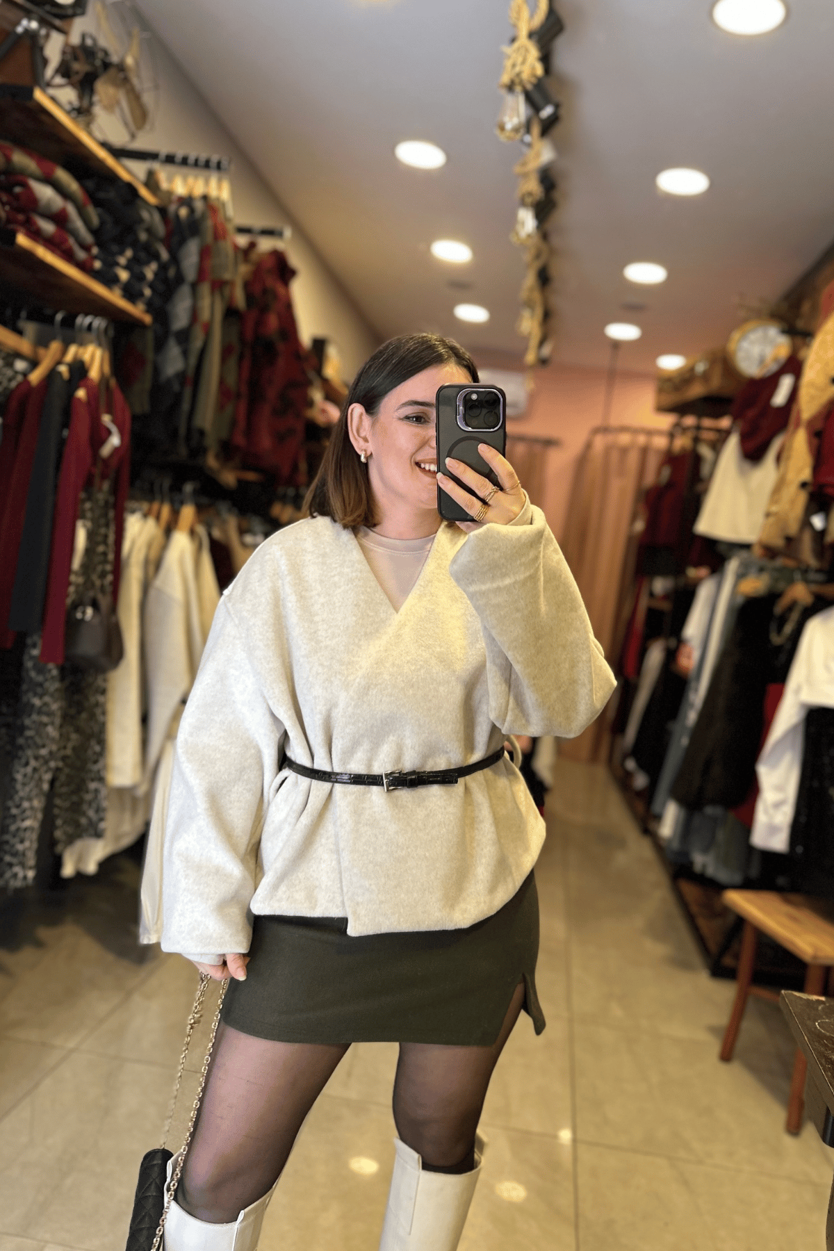 Kemerli Kaşe Ceket -bej 