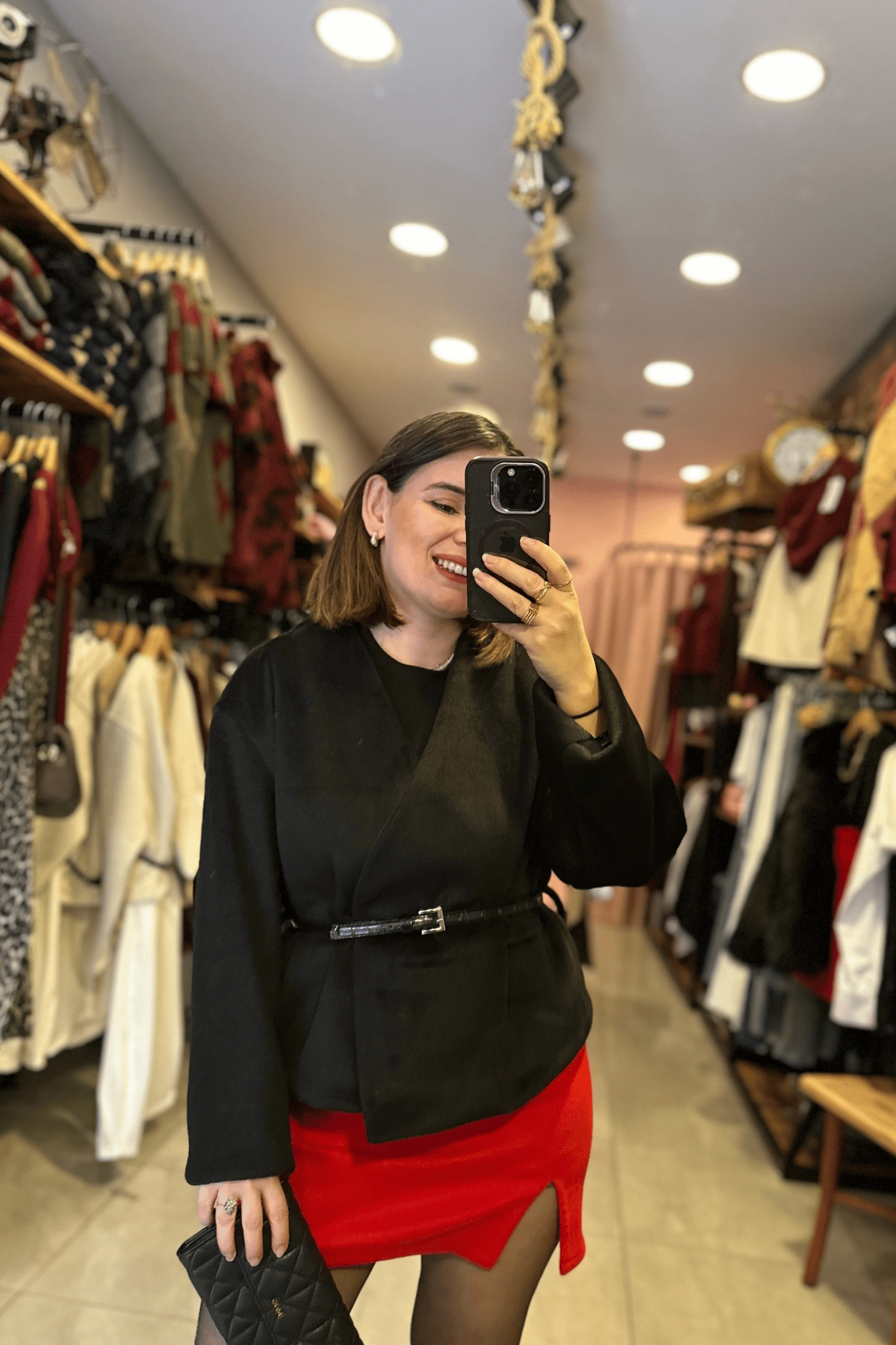 Kemerli Kaşe Ceket - Siyah