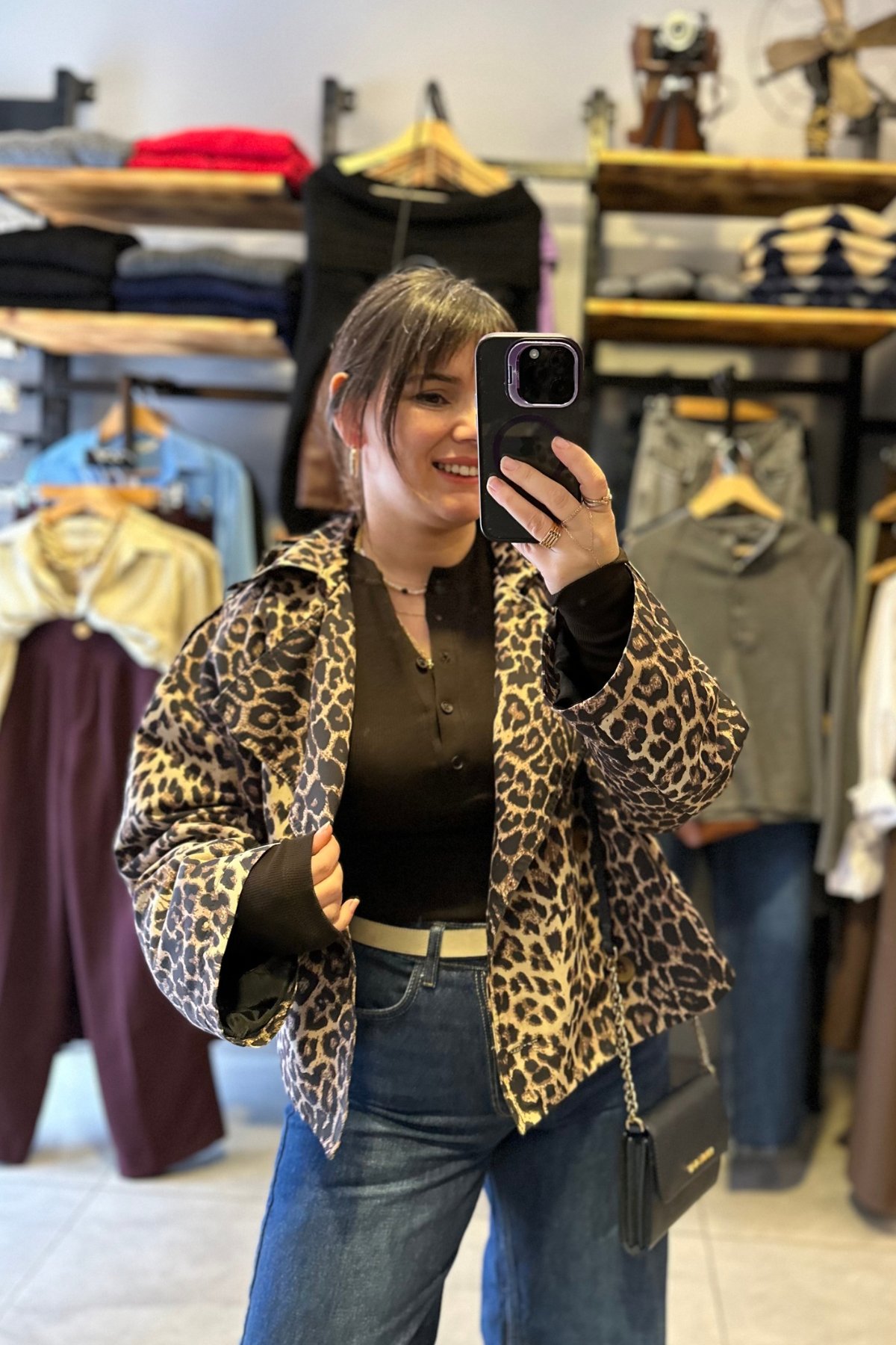 Leopar Desen Kısa Boy Trenckot