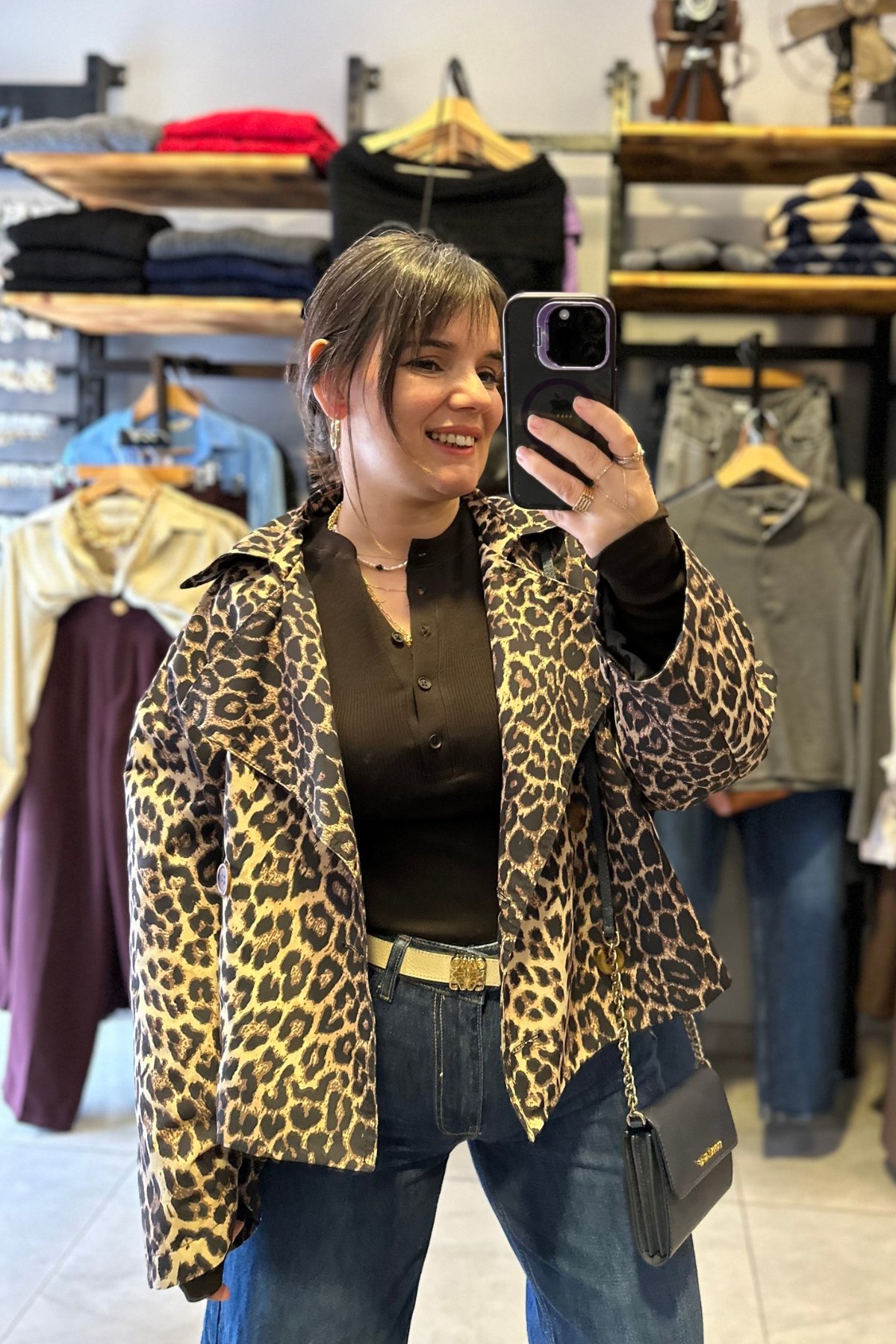 Leopar Desen Kısa Boy Trenckot