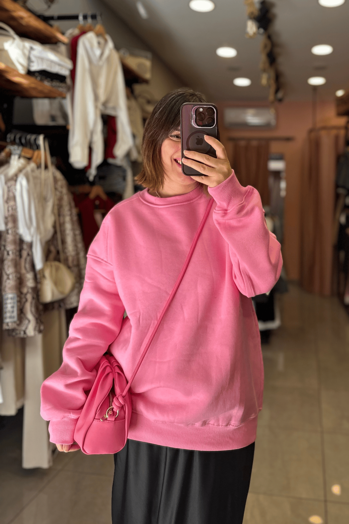 Şardonlu Bisiklet Yaka Sweat - PEMBE