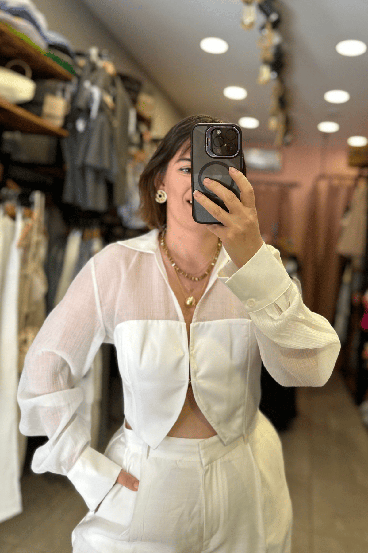 Tül Detay Saten Crop Gömlek - Beyaz