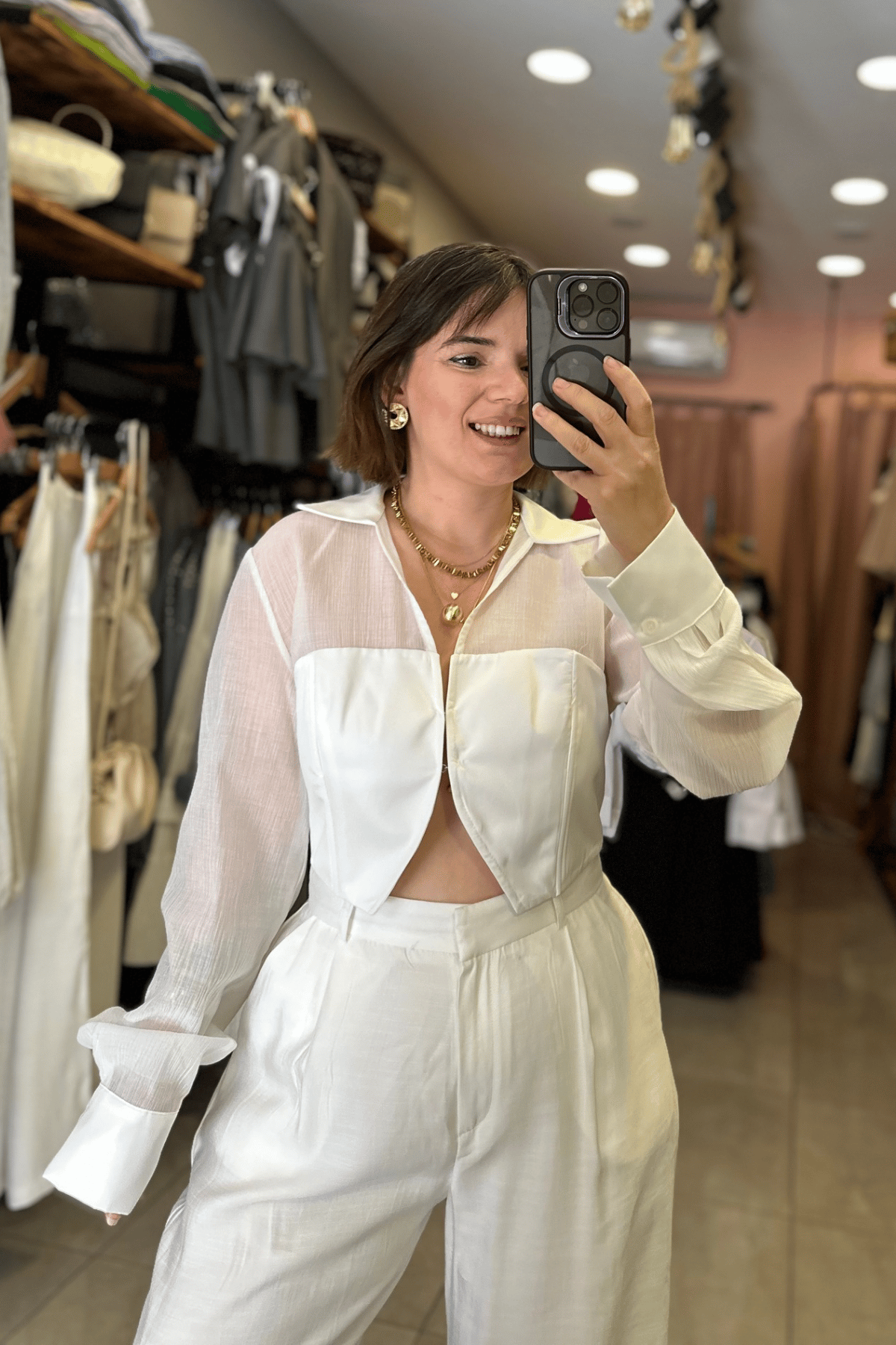 Tül Detay Saten Crop Gömlek - Beyaz