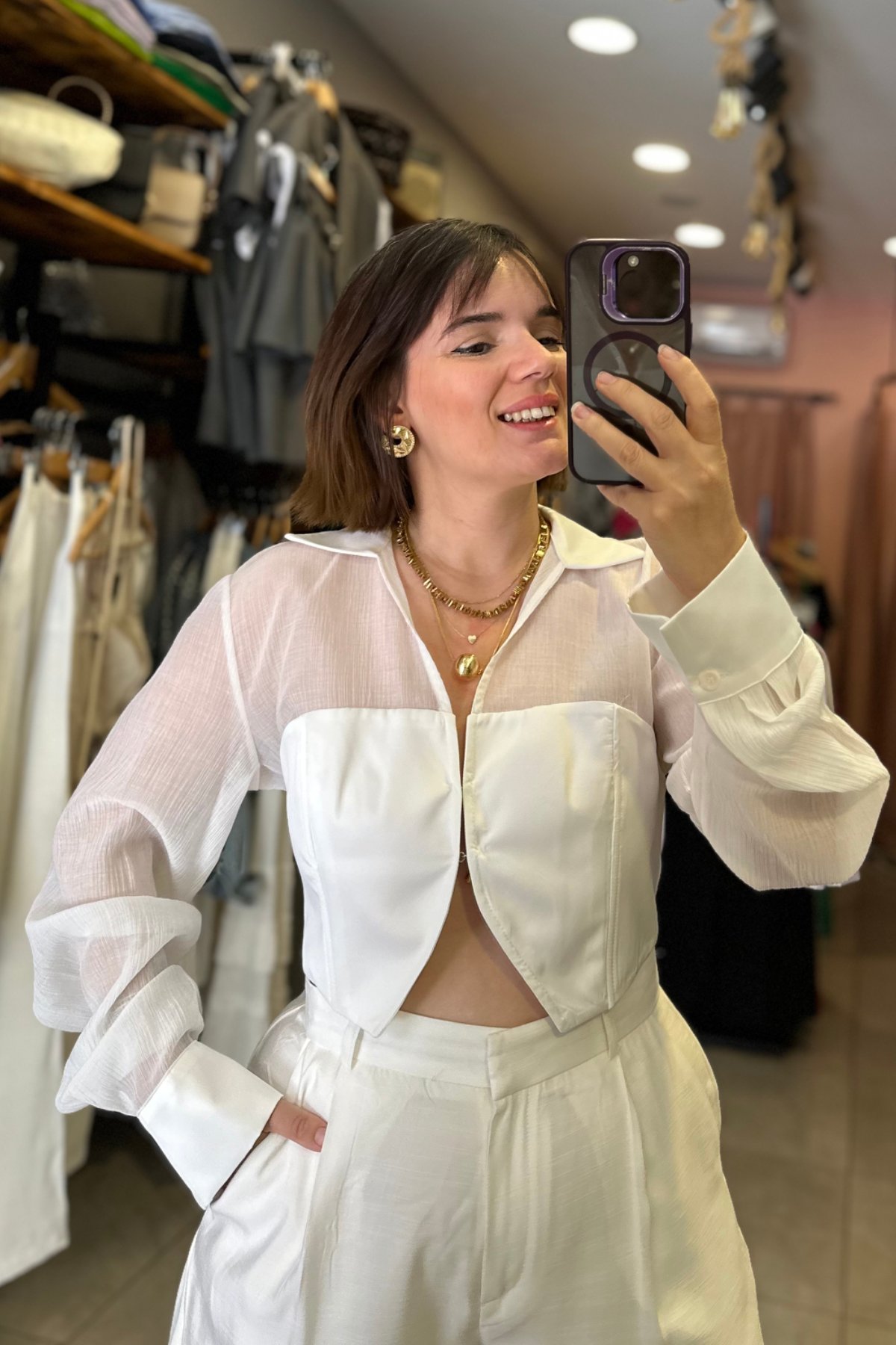 Tül Detay Saten Crop Gömlek - Beyaz