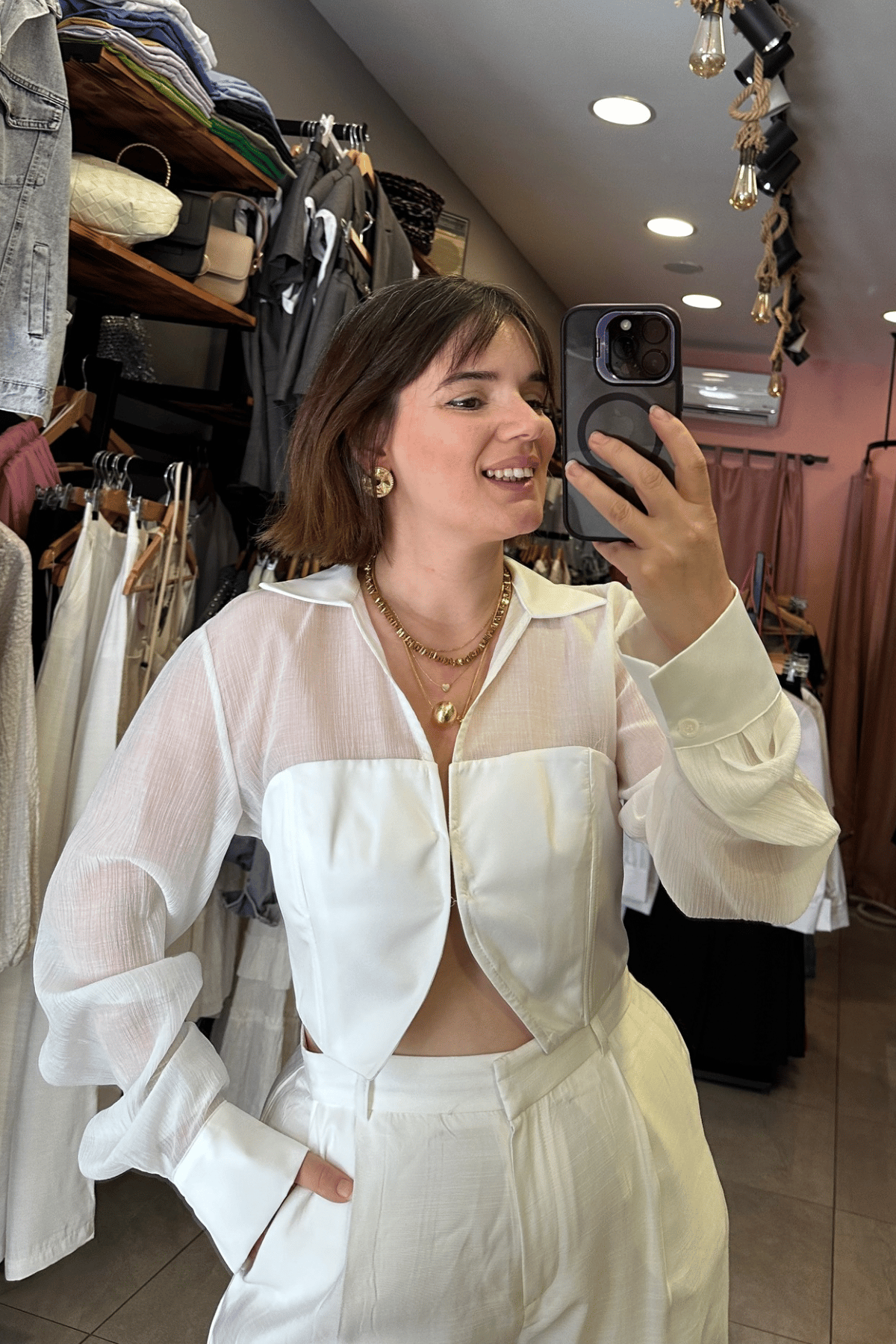 Tül Detay Saten Crop Gömlek - Beyaz