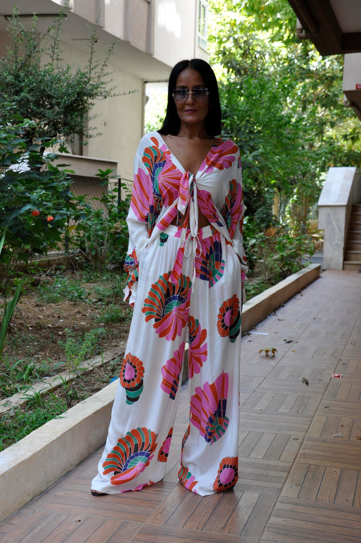 Beyaz Desenli Kimono Takım