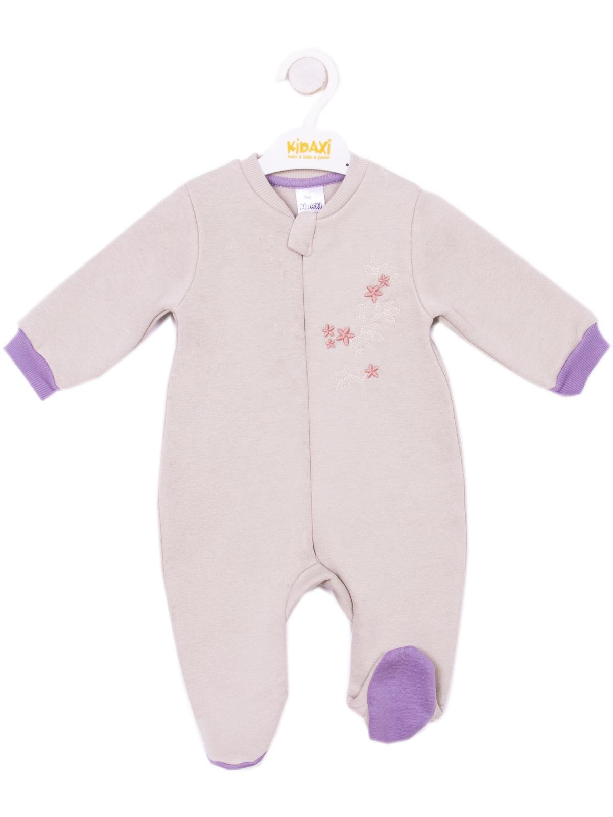 KD33345 ÇİÇEK NAKIŞLI FERMUARLI 3İPLİK KIZ TULUM 1-3/3-6/6-9 AY