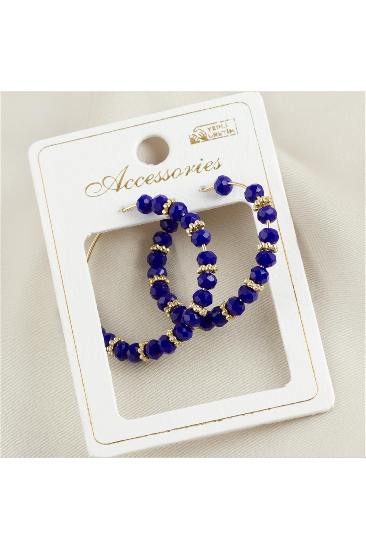 Lacivert Renkli Kristal Boncuk Halka Küpe 3 cm