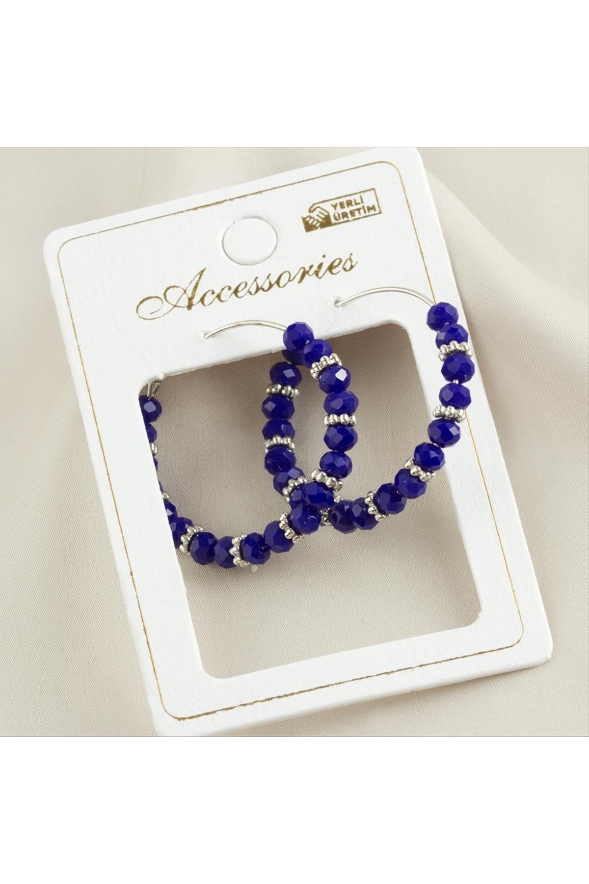 Lacivert Renkli Kristal Boncuk Halka Küpe 3 cm