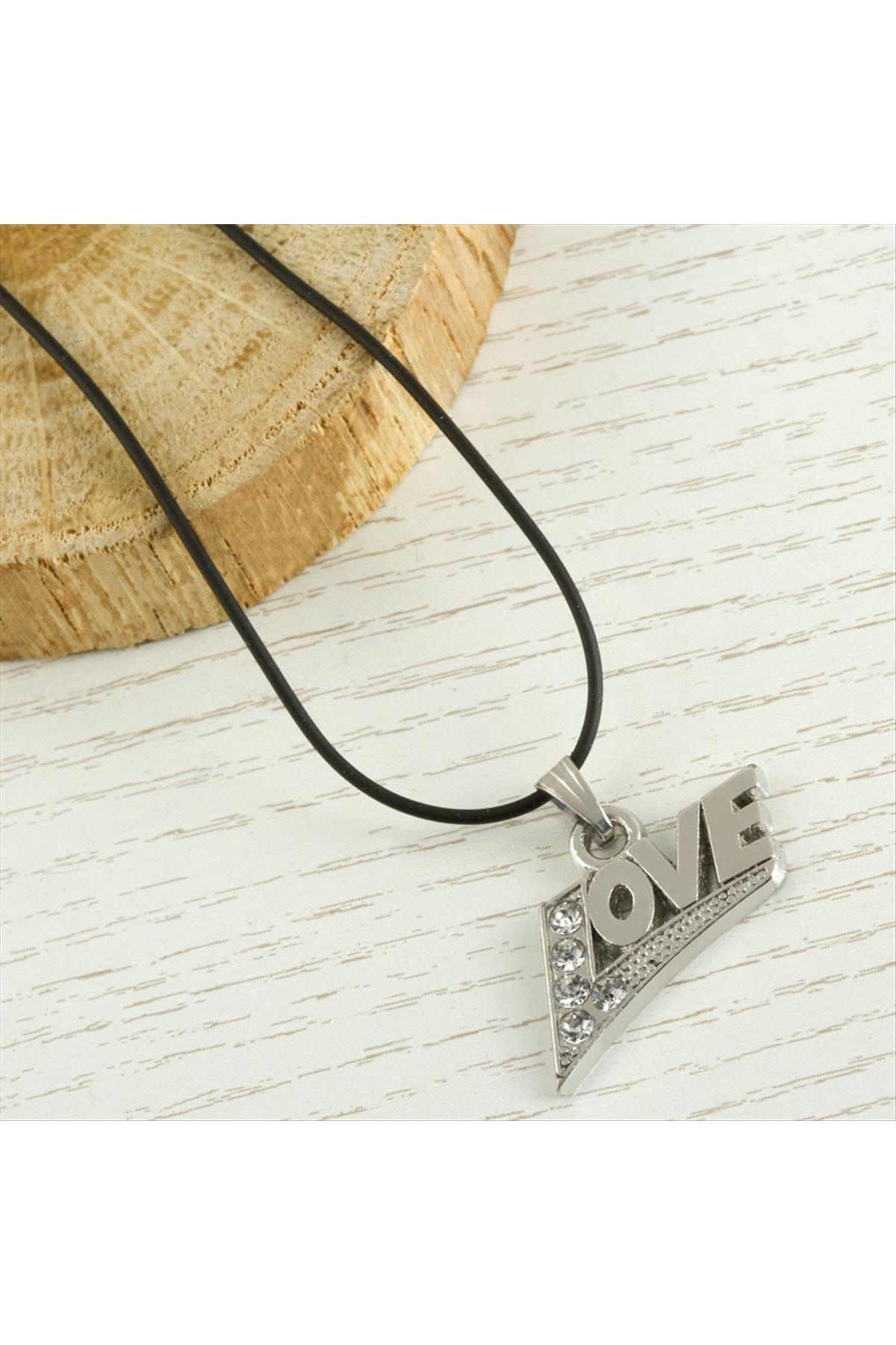 Love Yazılı Metal Vinlex Deri Kolye
