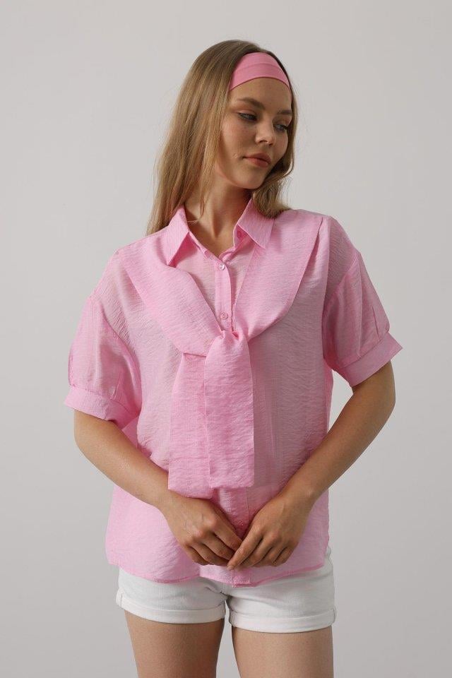 Atkı Detaylı Yarım Kol Gömlek - Pembe
