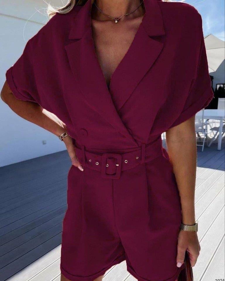 Kadın Ceket Yaka Pileli Kemer Dahil şort Tulum