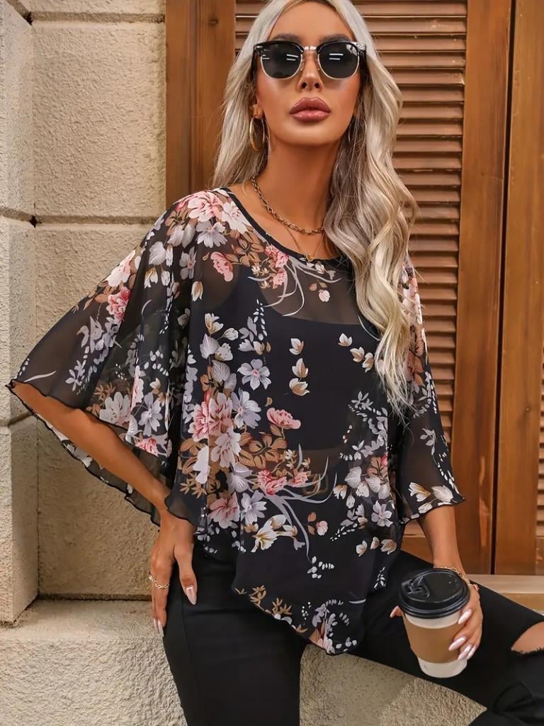 Kadın Kısa Kollu Yuvarlak Yaka çiçek Baskılı Asimetrik Kesim şifon Bluz