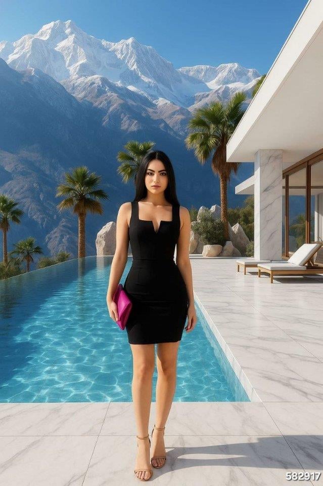 Kadın Krep Dalgıç Kumaş Kare Yaka Dekolteli Mini Boy Elbise