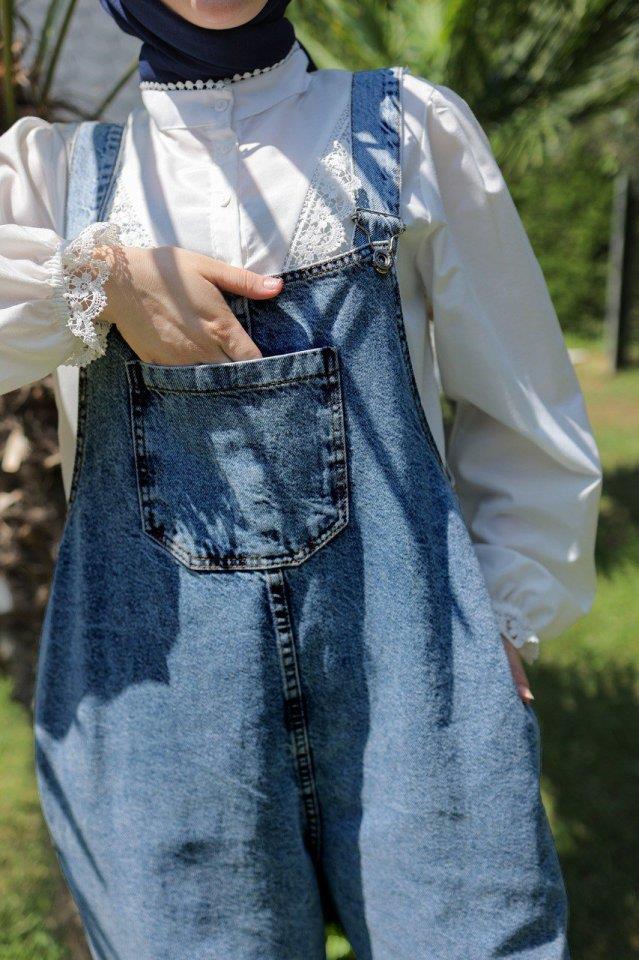 Kot Tulum Bahçıvan Salopet Mavi Uzun Denim Salopet