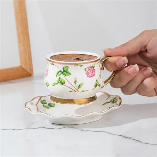 Porsima Nautilus Altın Yaldızlı Porselen 6 Kişilik Fincan Seti 12 Parça Türk Kahvesi Fincanı Takımı-90Ml
