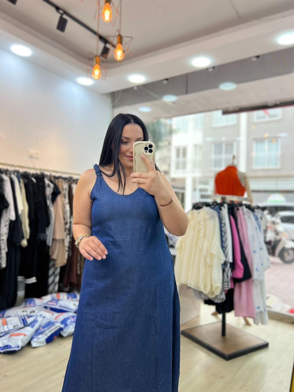SHE ASKILI JEAN ELBİSE