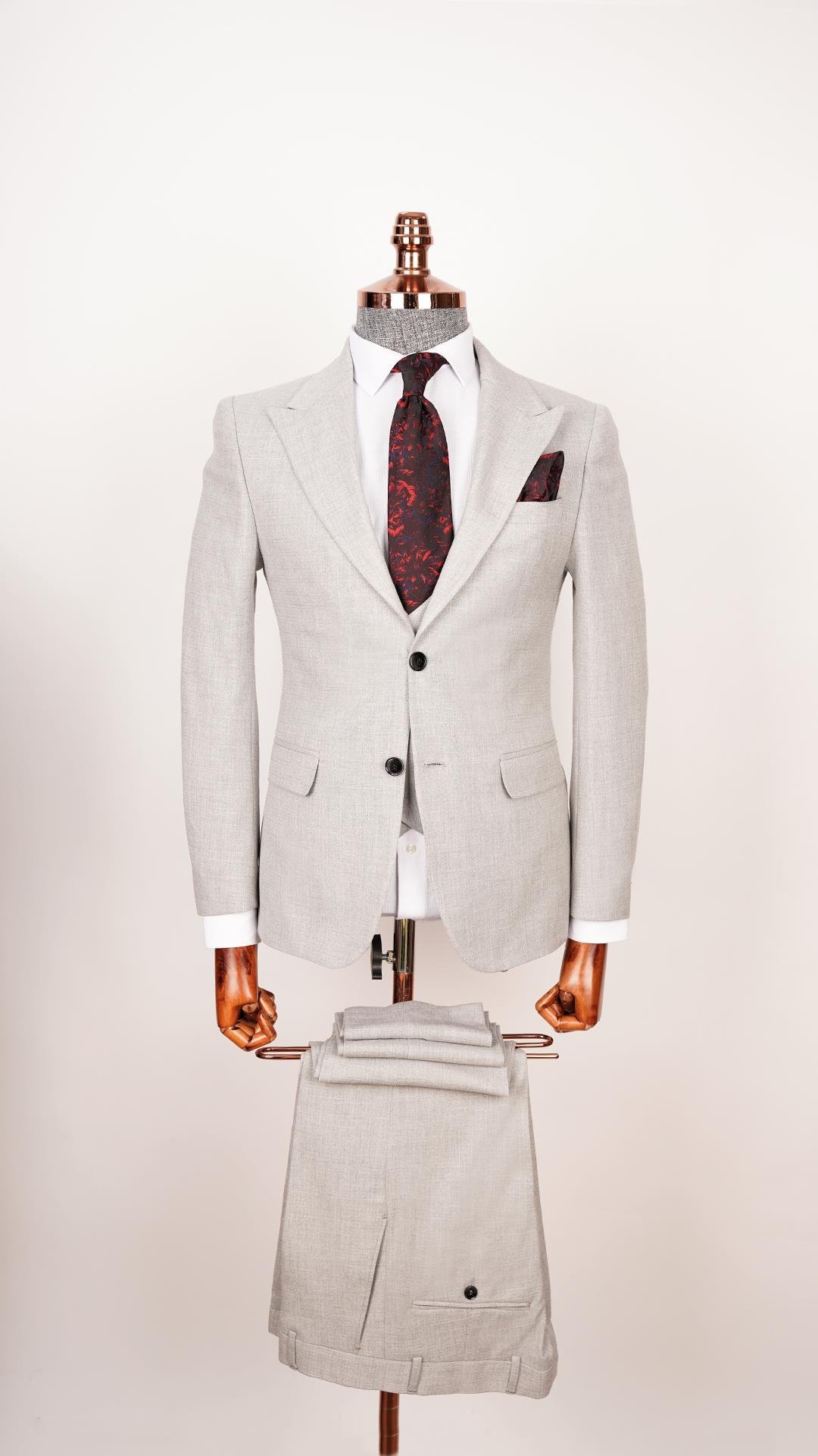 Erkek Slim Fit Kesik Kareli Yelekli Açık Gri Takım Elbise