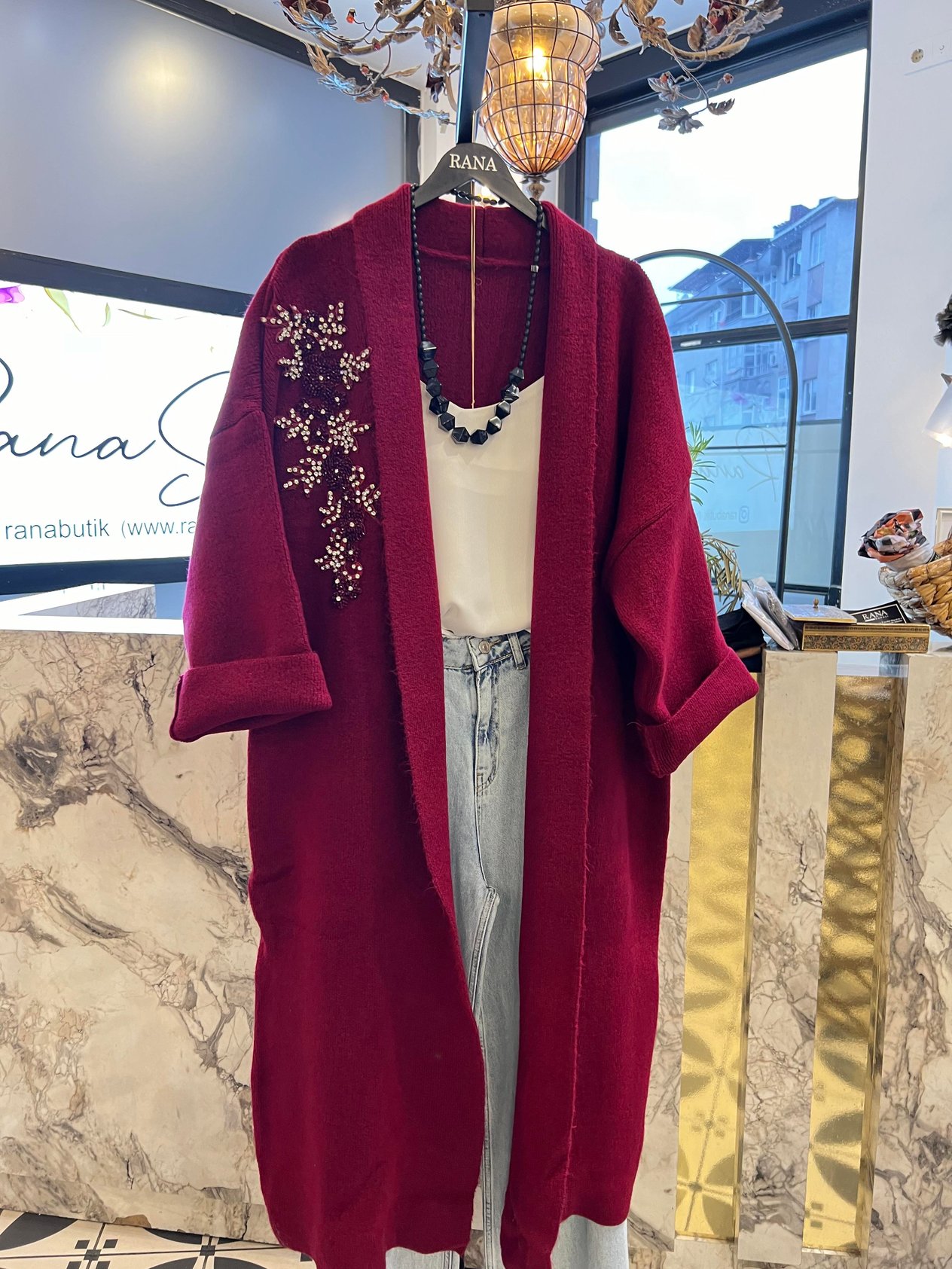 İşlemeli Triko Hırka Kırmızı