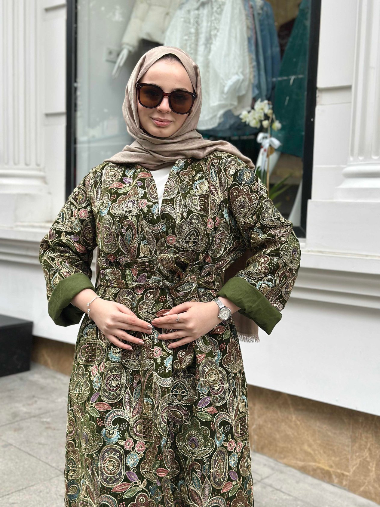 Nakış Detaylı İthal Kaftan Yeşil