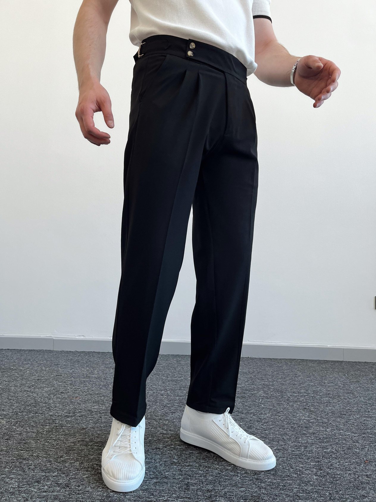 Erkek Çift Toka Detaylı Baggy Kumaş Pantolon-Siyah(E1076)Ketench