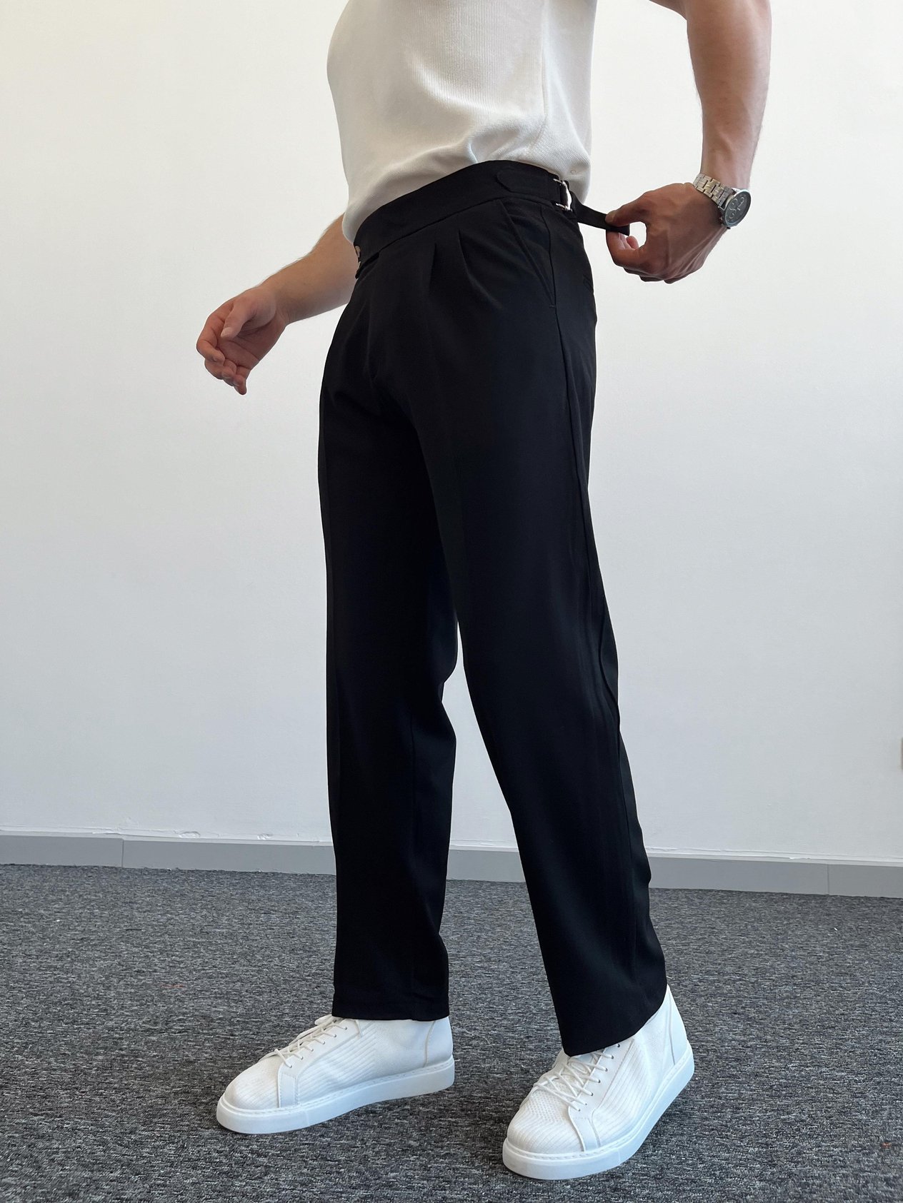 Erkek Çift Toka Detaylı Baggy Kumaş Pantolon-Siyah(E1076)Ketench