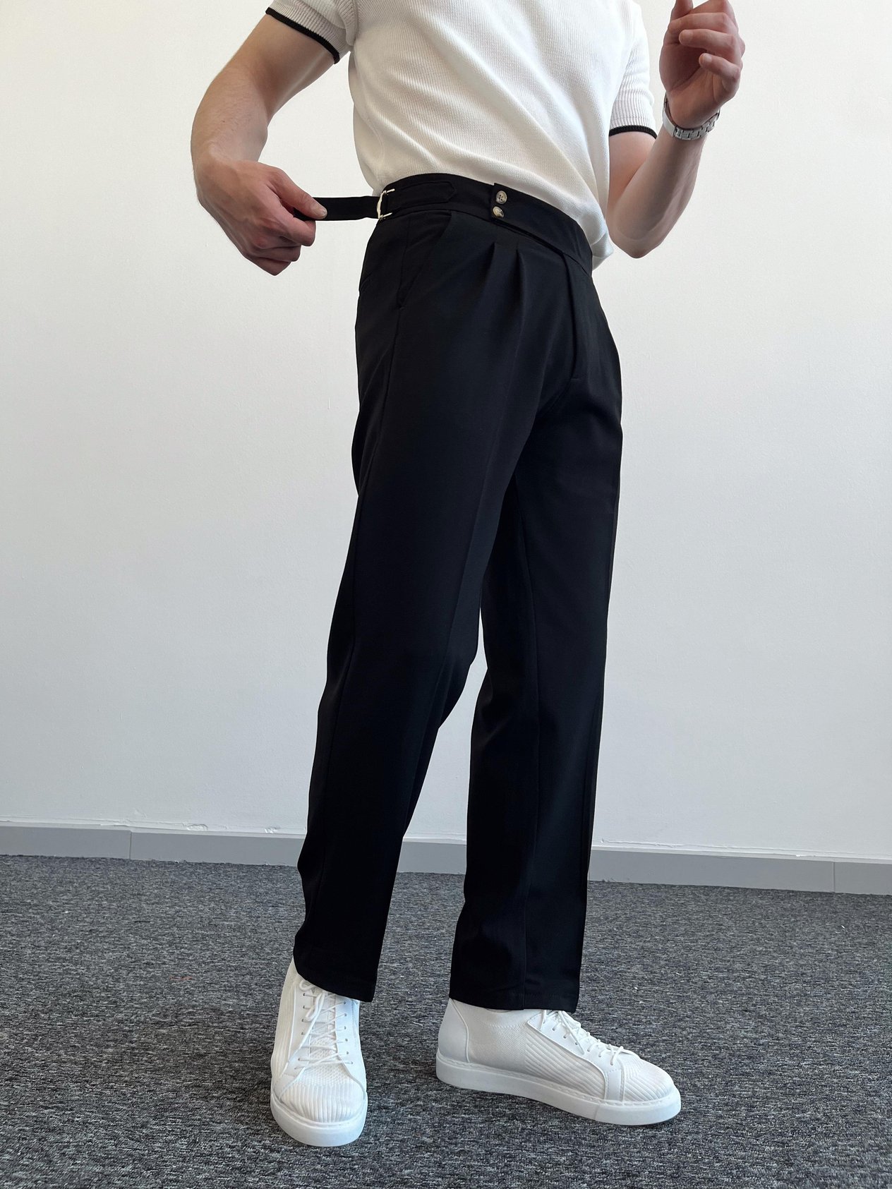 Erkek Çift Toka Detaylı Baggy Kumaş Pantolon-Siyah(E1076)Ketench
