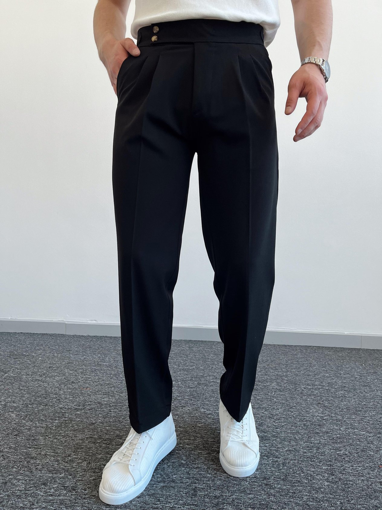 Erkek Çift Toka Detaylı Baggy Kumaş Pantolon-Siyah(E1076)Ketench