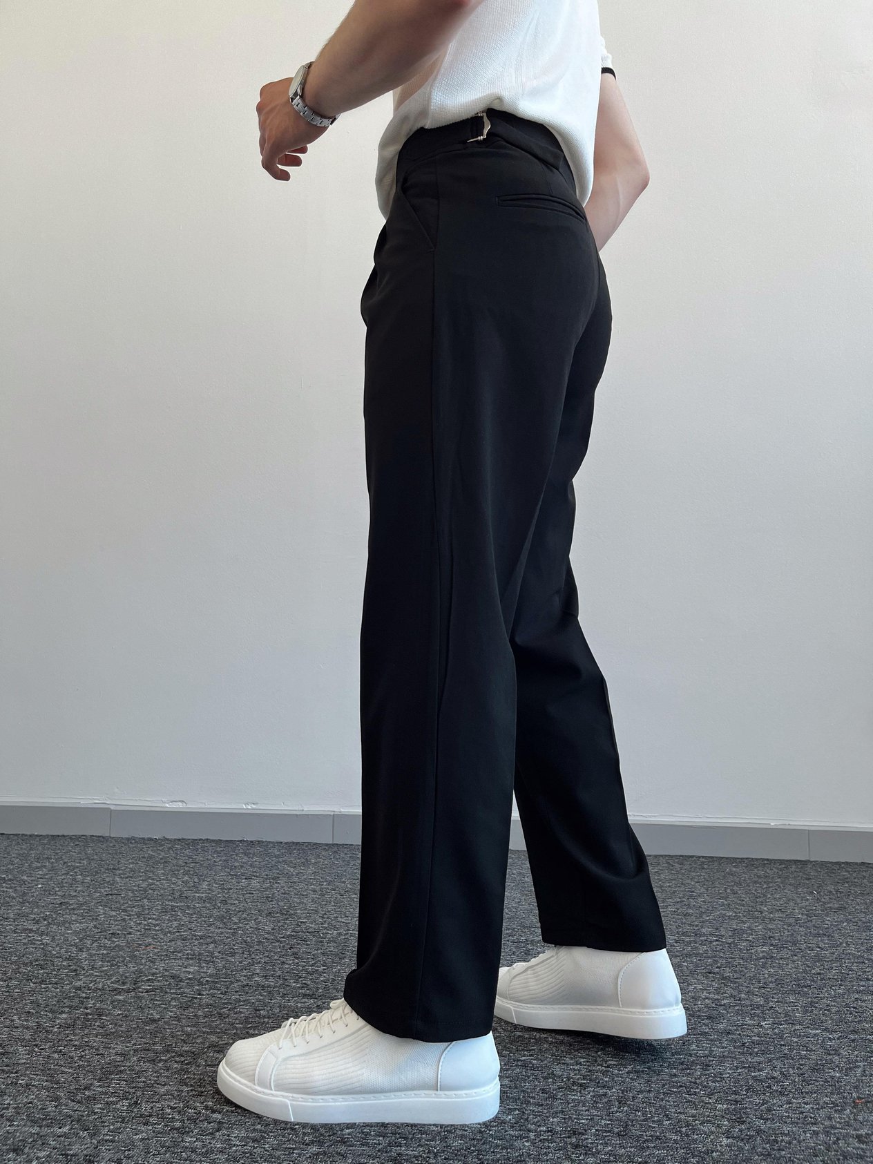 Erkek Çift Toka Detaylı Baggy Kumaş Pantolon-Siyah(E1076)Ketench
