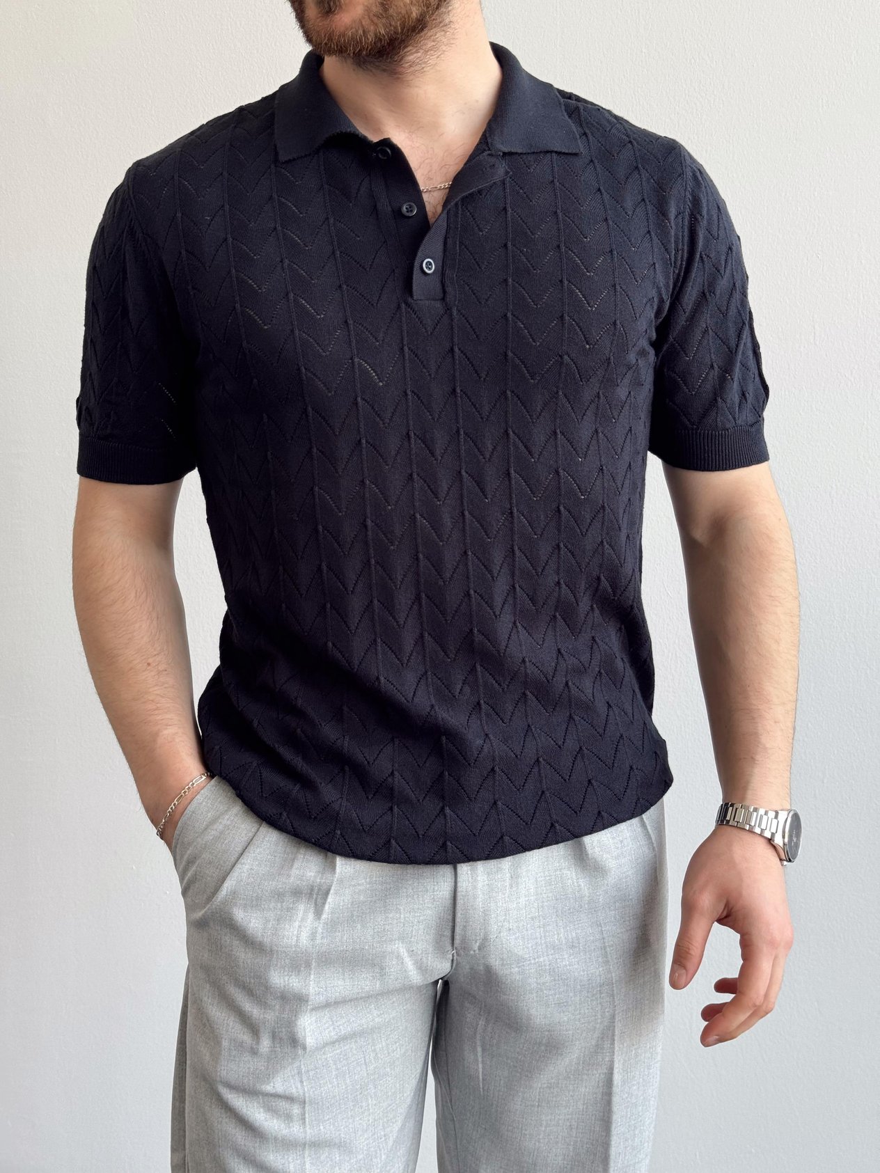 Erkek Eşsiz Detaylar Monaco Stil Örgü Polo Yaka Triko T-Shirt-Lacivert(E1397)Ketench
