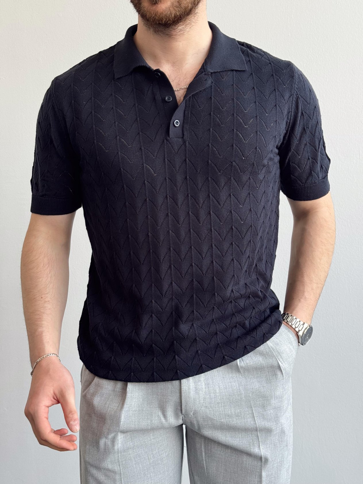 Erkek Eşsiz Detaylar Monaco Stil Örgü Polo Yaka Triko T-Shirt-Lacivert(E1397)Ketench