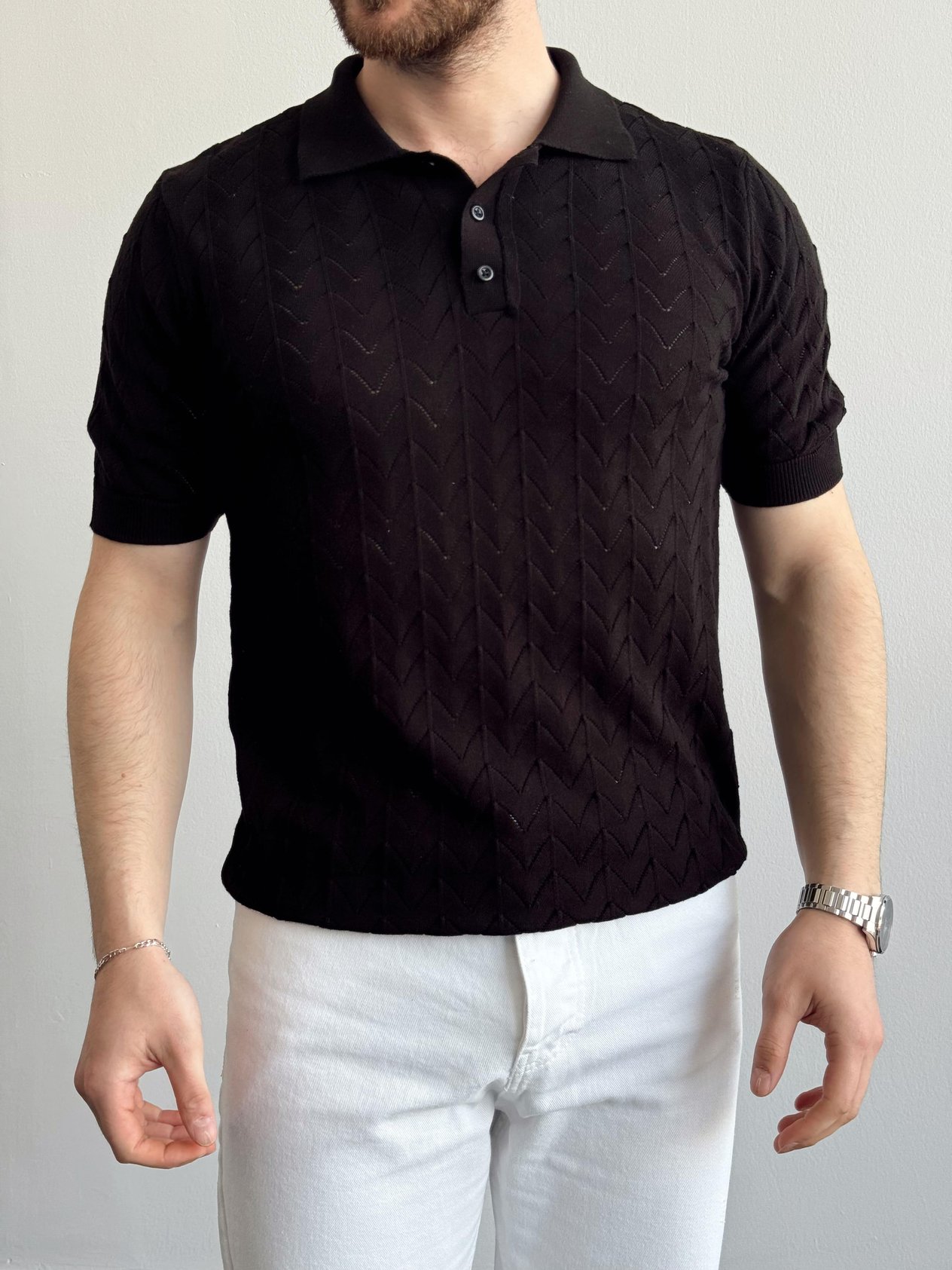 Erkek Eşsiz Detaylar Monaco Stil Örgü Polo Yaka Triko T-Shirt-Siyah(E1397)Ketench