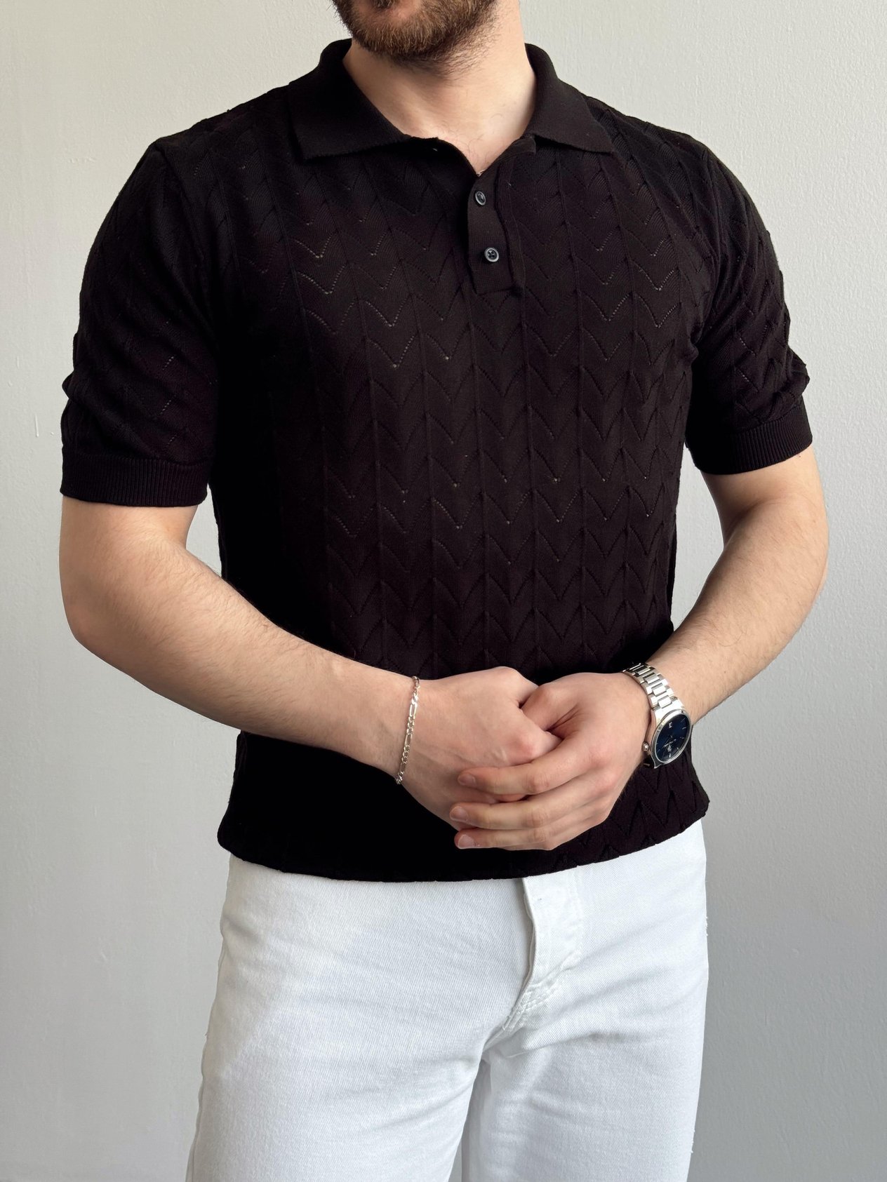 Erkek Eşsiz Detaylar Monaco Stil Örgü Polo Yaka Triko T-Shirt-Siyah(E1397)Ketench