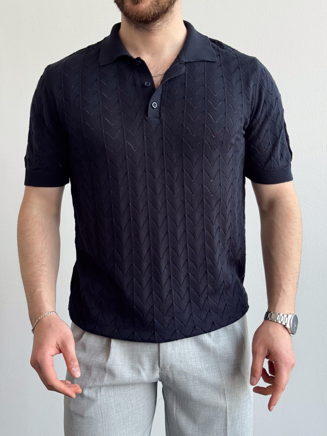 Erkek Eşsiz Detaylar Monaco Stil Örgü Polo Yaka Triko T-Shirt-Lacivert(E1397)Ketench