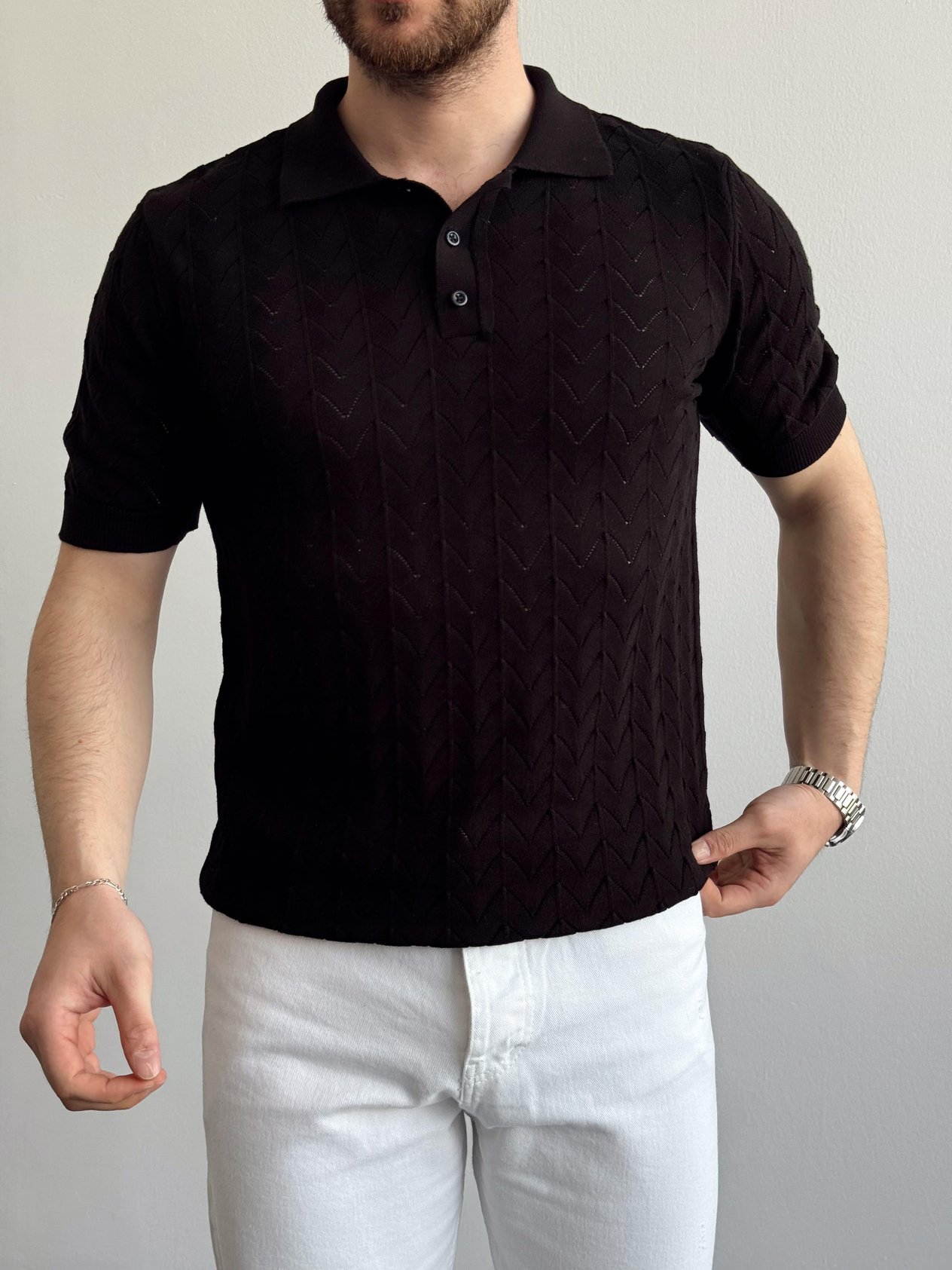 Erkek Eşsiz Detaylar Monaco Stil Örgü Polo Yaka Triko T-Shirt-Siyah(E1397)Ketench