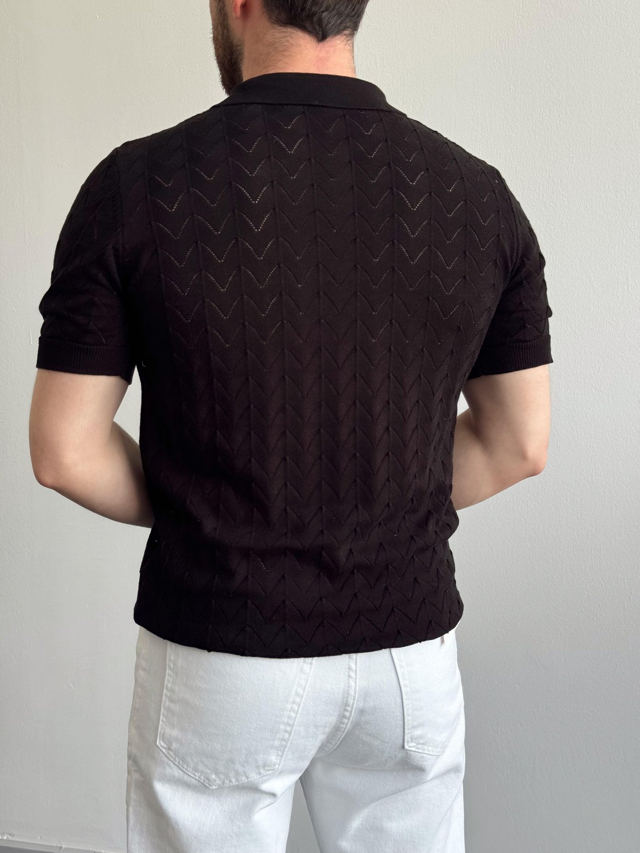 Erkek Eşsiz Detaylar Monaco Stil Örgü Polo Yaka Triko T-Shirt-Siyah(E1397)Ketench