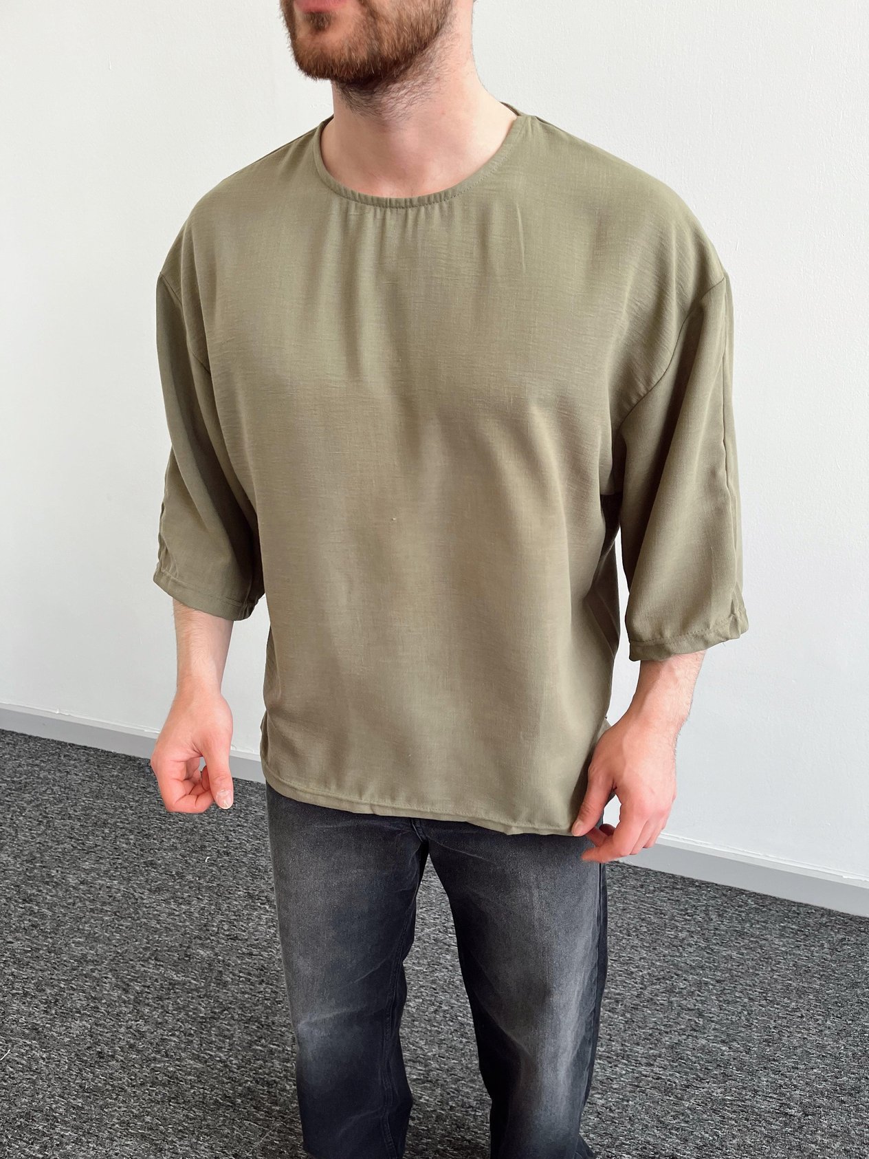 Erkek Giesto Fakir Kol Keten T-Shirt-Haki(E1035)Ketench