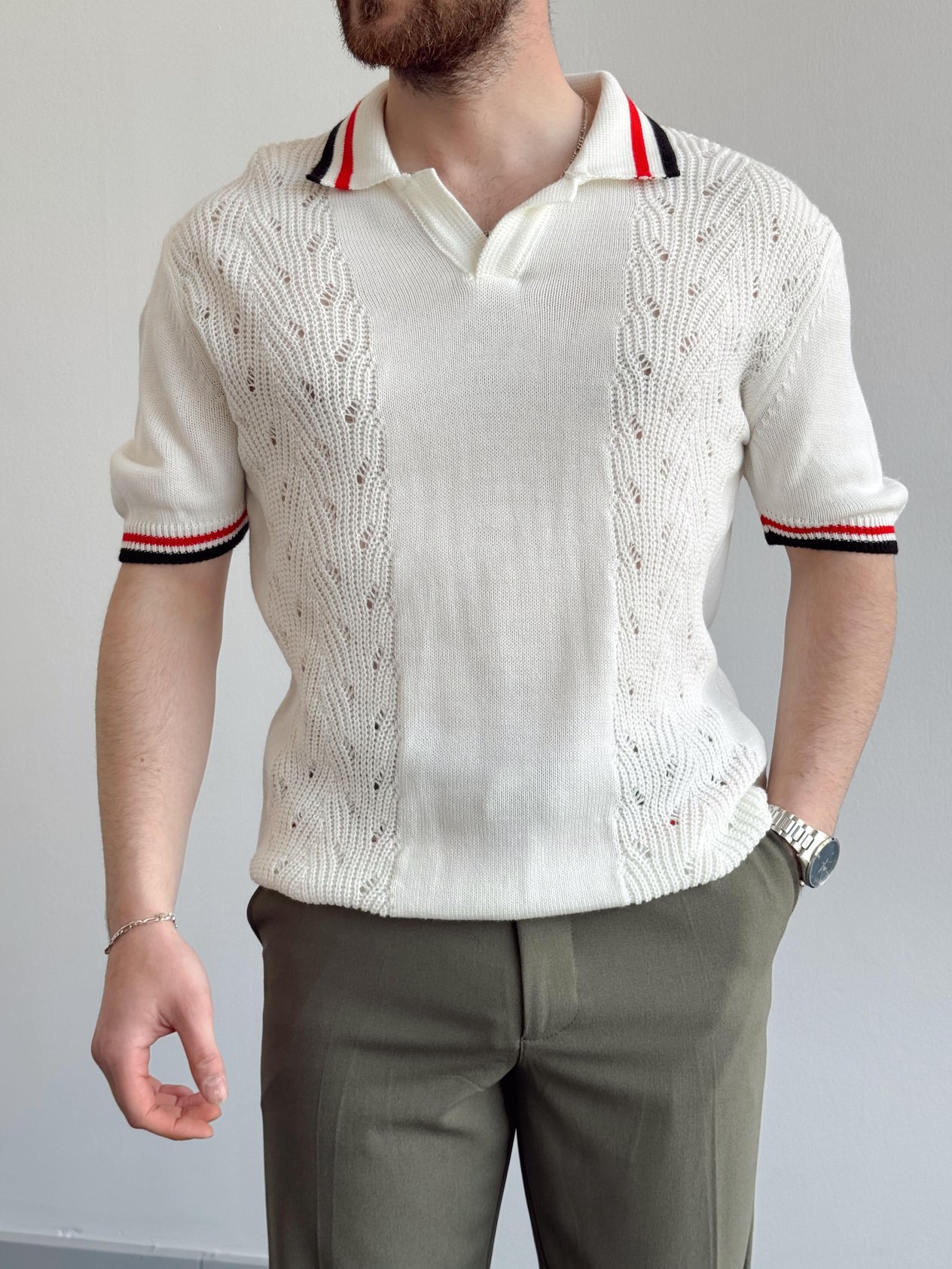 Erkek Numaralandırılmış Özel Seri Çizgi Detay Oversize Kalıp Polo Yaka Triko T-Shirt-Beyaz(E1375)Ketench