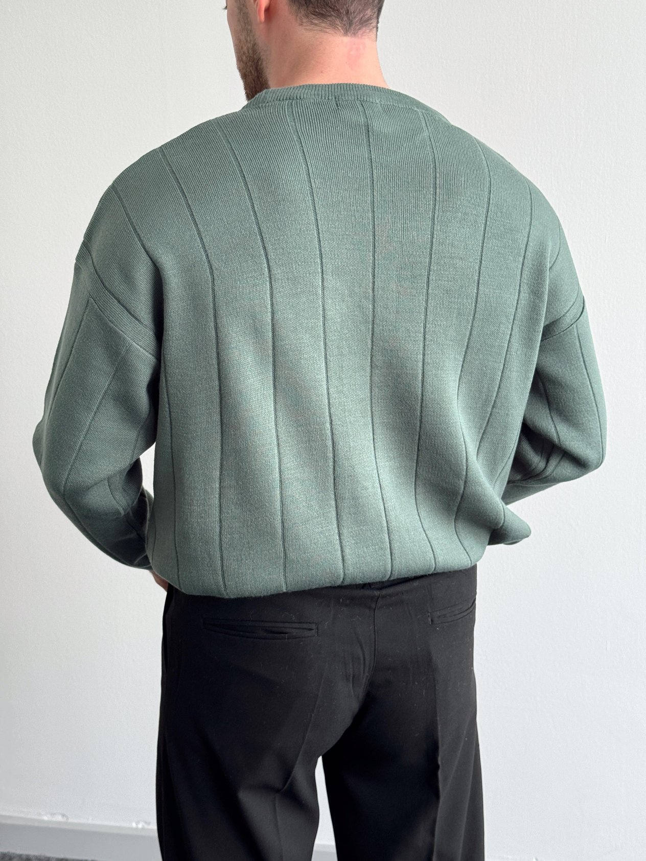 Erkek Oversize Lines Knit Zipper Bisiklet Yaka Kazak-Yeşil(E1161)Ketench